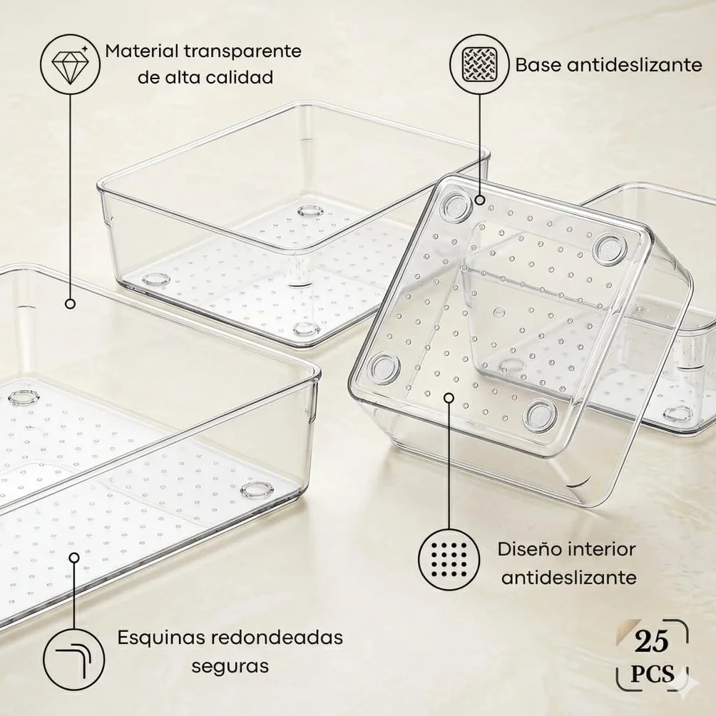 Organizador de Cajones 25 Piezas - Set de Organizadores Transparentes Apilables de Plástico Resistente Antideslizante para Cocina y Baño