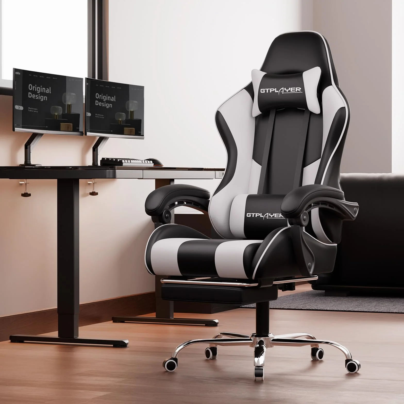 LUCKRACER Silla Gaming Ergonómica con Masaje, Reposapiés Retráctil, 150 kg, Blanco