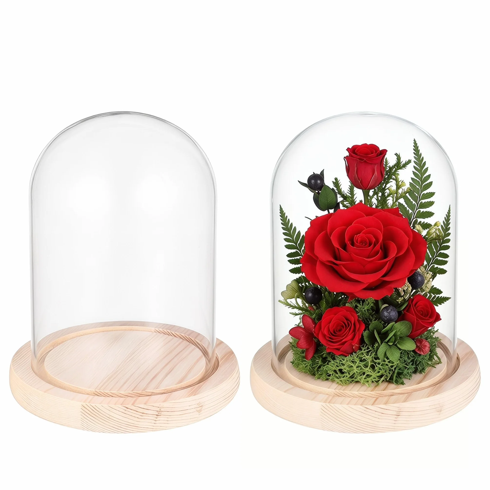 FOMIYES Transparent Glass Flower Dome with Wooden Base 4x5.5 Inch Home Decoration Valentines Gift