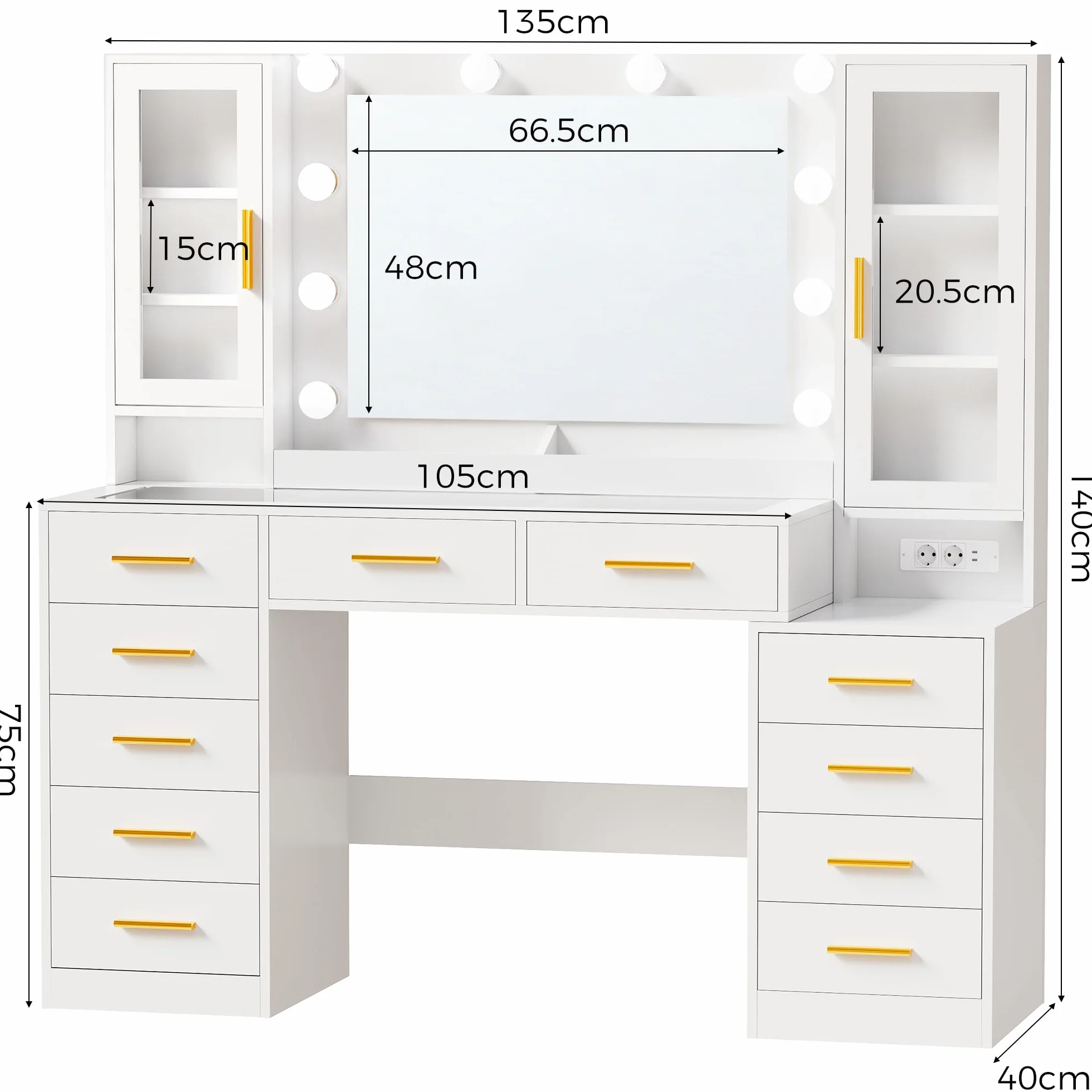 ANWBROAD Tocador con Espejo y Luz LED 135cm, Mesa de Maquillaje con Enchufes, Puertas de Vidrio Templado, 11 Cajones, Blanco BDT23W