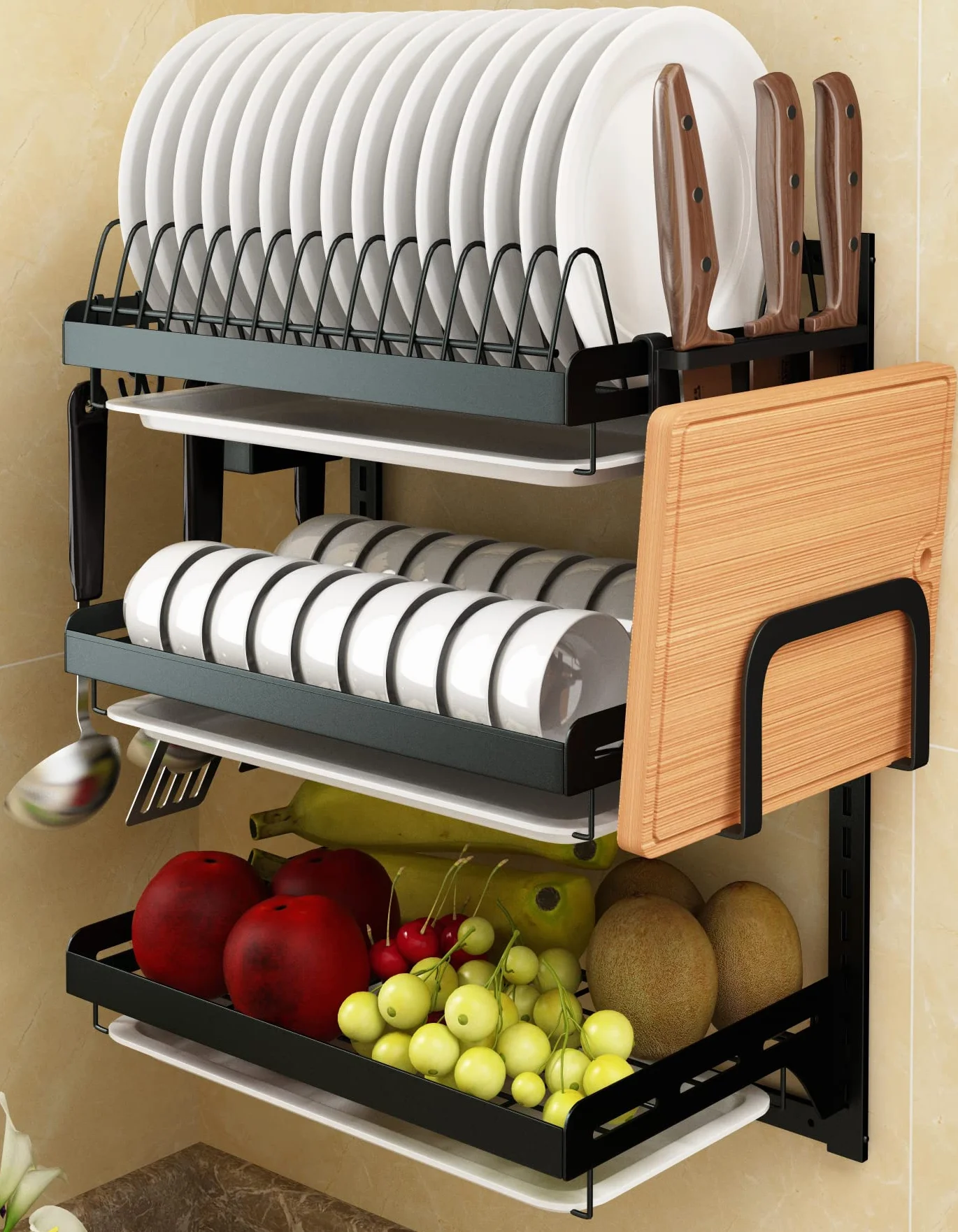 Estante de secado de platos de acero inoxidable montado en la pared, 3 niveles con escurridor