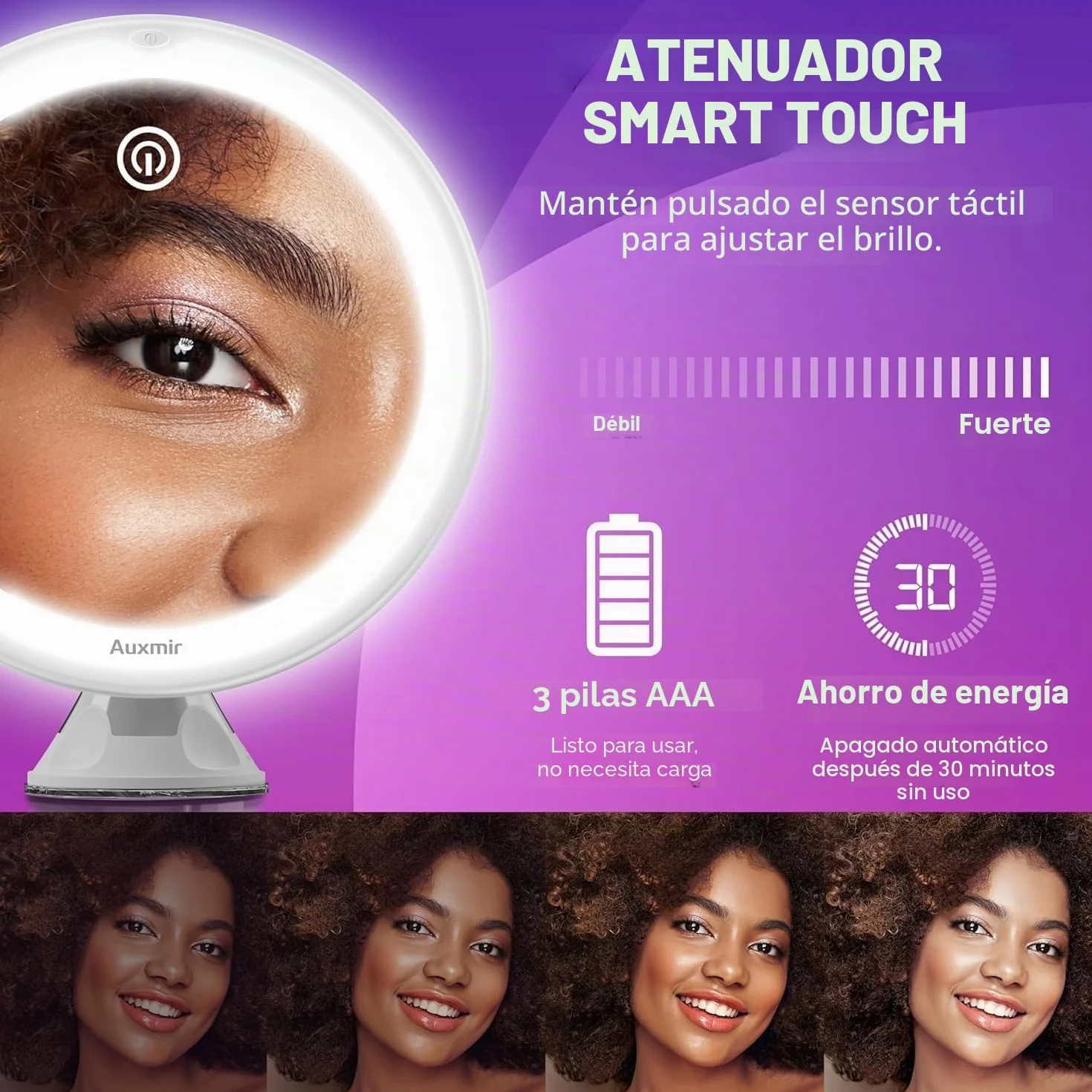 Auxmir Espejo Maquillaje LED 30X Aumento Ventosa Fuerte Brillo Regulable Giratorio 360° Portátil Blanco Redondo