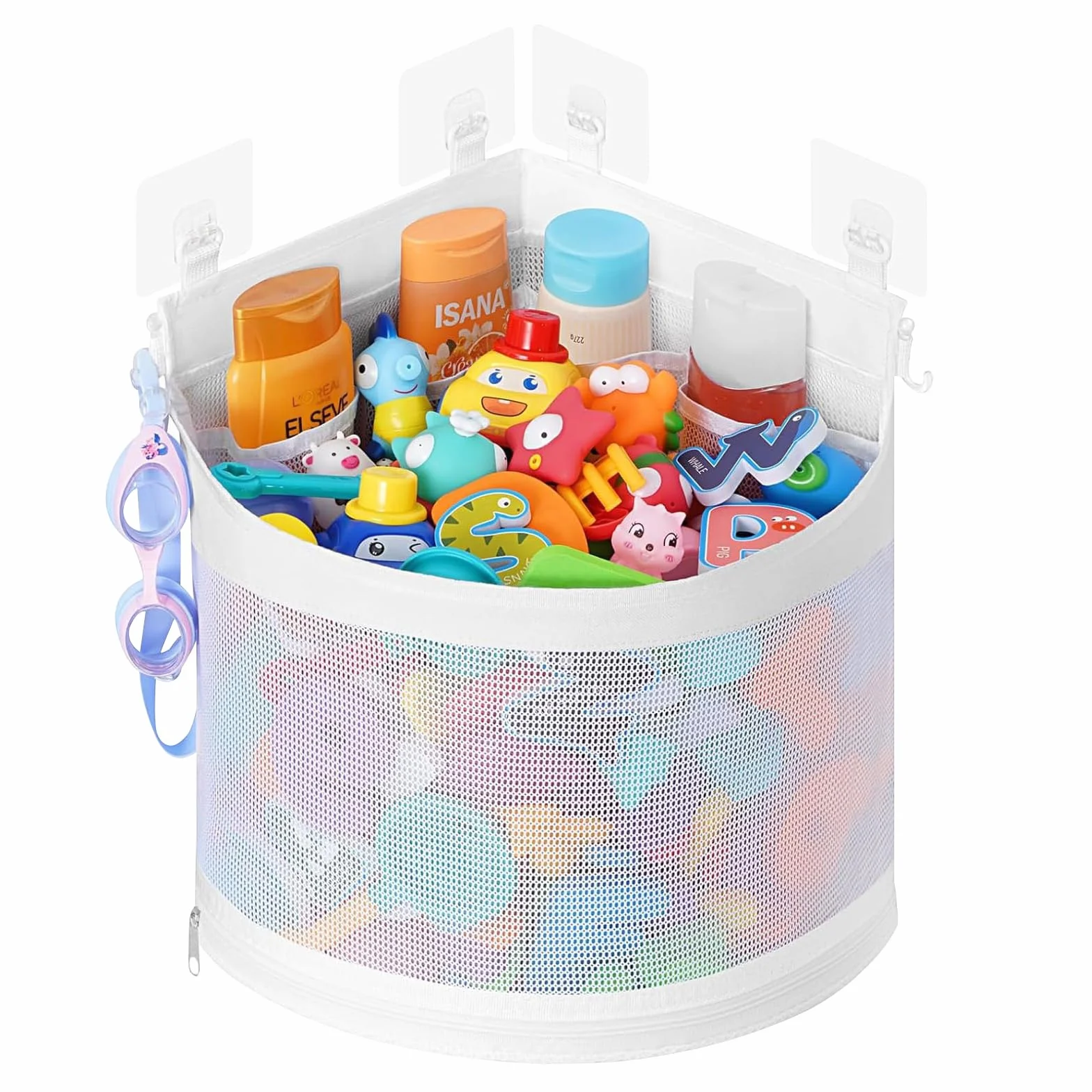 Bolsa de Almacenamiento de Juguetes de Baño con 4 Ganchos Autoadhesivos, Secado Rápido, Grande (Blanco)