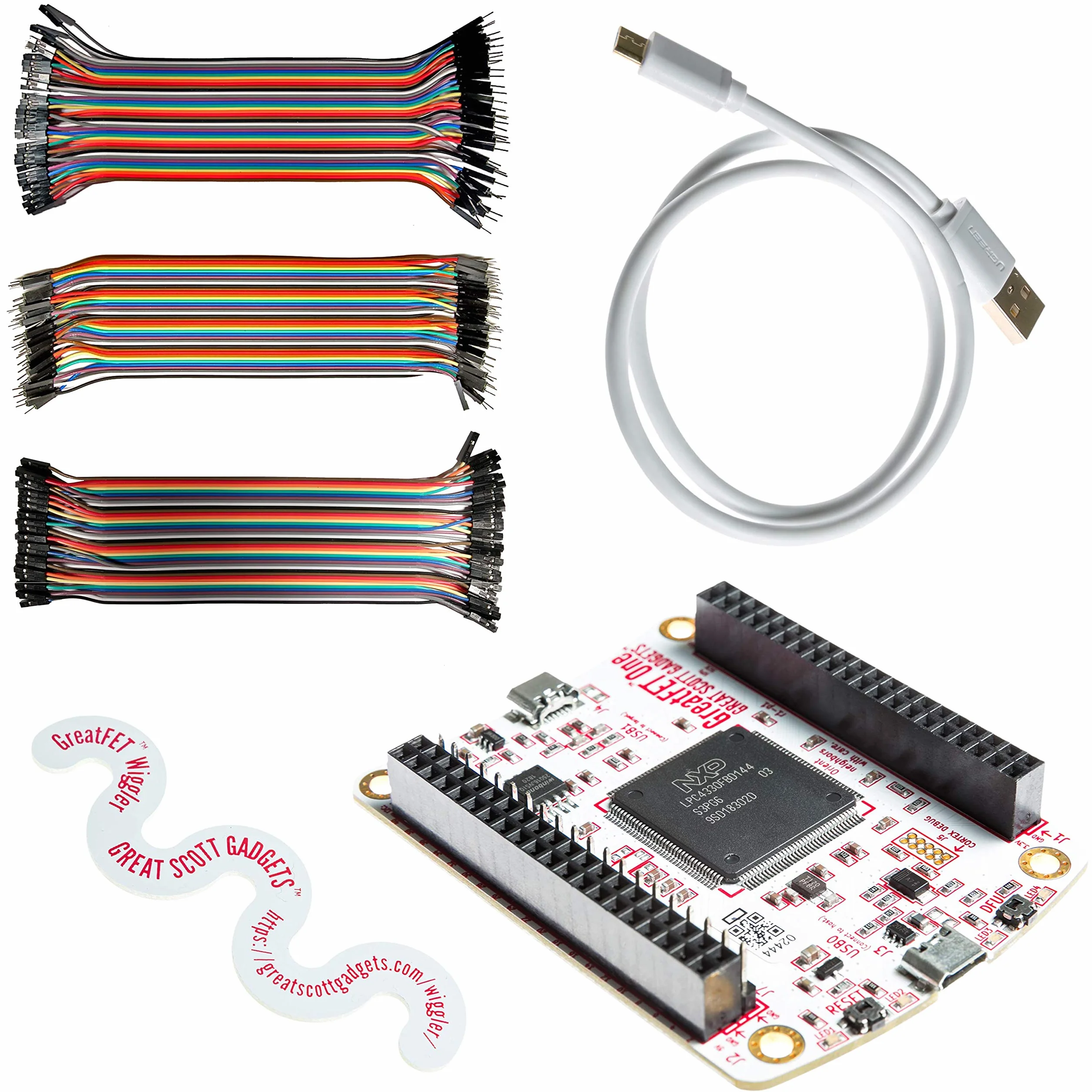 Great Scott Gadgets GreatFET One Bundle: periférico USB de alta velocidad, analizador lógico, depurador y placa de desarrollo. Hardware abierto Incluye GreatFET One, Wiggler y 120 cables de prototipos