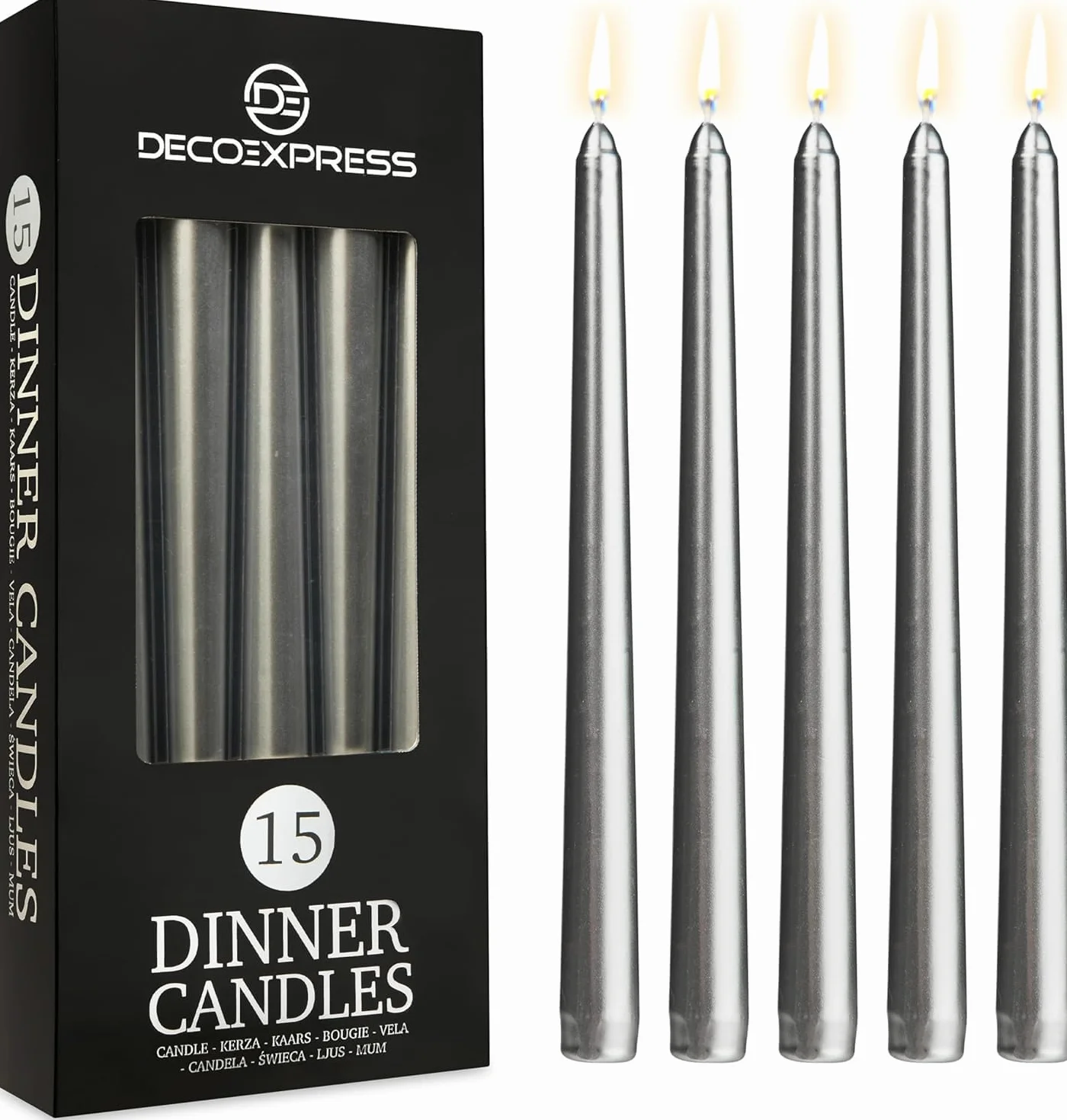 DECO EXPRESS Velas Decorativas Set 15 Paquete Larga Duracion sin Goteo 8 Horas Quema sin Fragancia Plata