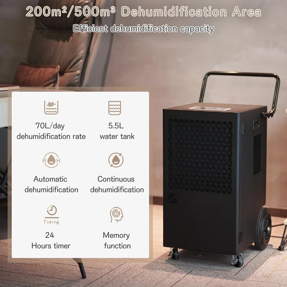 Deshumificadores de Humedad Profesional 70L/Día Deshumidificador Electrico Control Automático Temporizador 24h