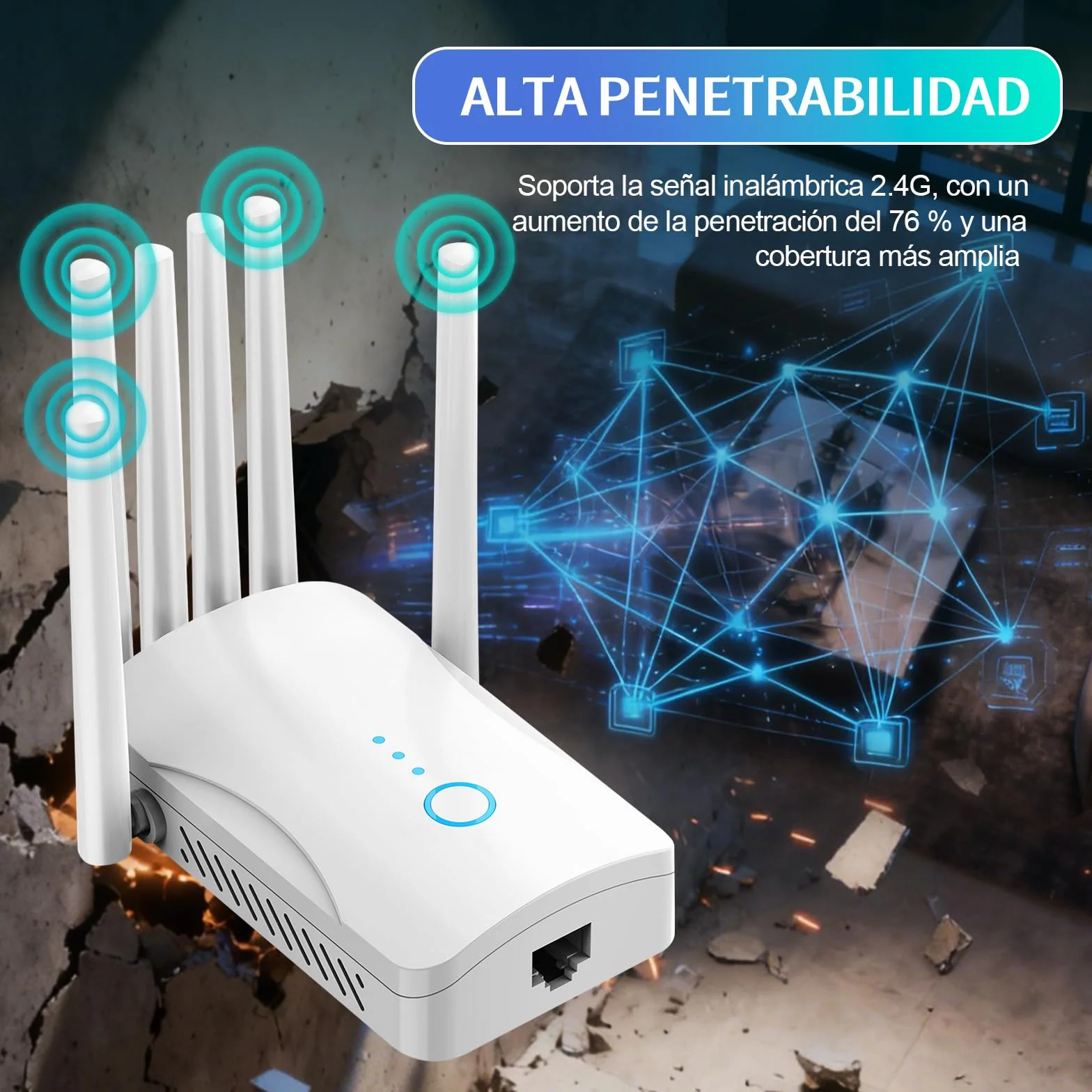 Repetidor WiFi Potente con 6 Antenas, Amplificador Señal WiFi Largo Alcance, Extensor WiFi Soporta 64 Dispositivos, Modos (Repetidor, Ap), Cobertura hasta 300 m², para Casa y Oficina