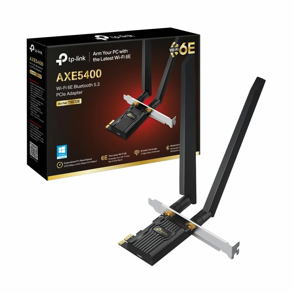 TP-Link Archer TXE72E - Tarjeta PCIe WiFi 6E AXE5400 Mbps con Bluetooth 5.3 para PC, Triple Banda (2.4G/5G/6GHz), Antenas de Alta Ganancia, Compatible Windows 11/10, WPA3
