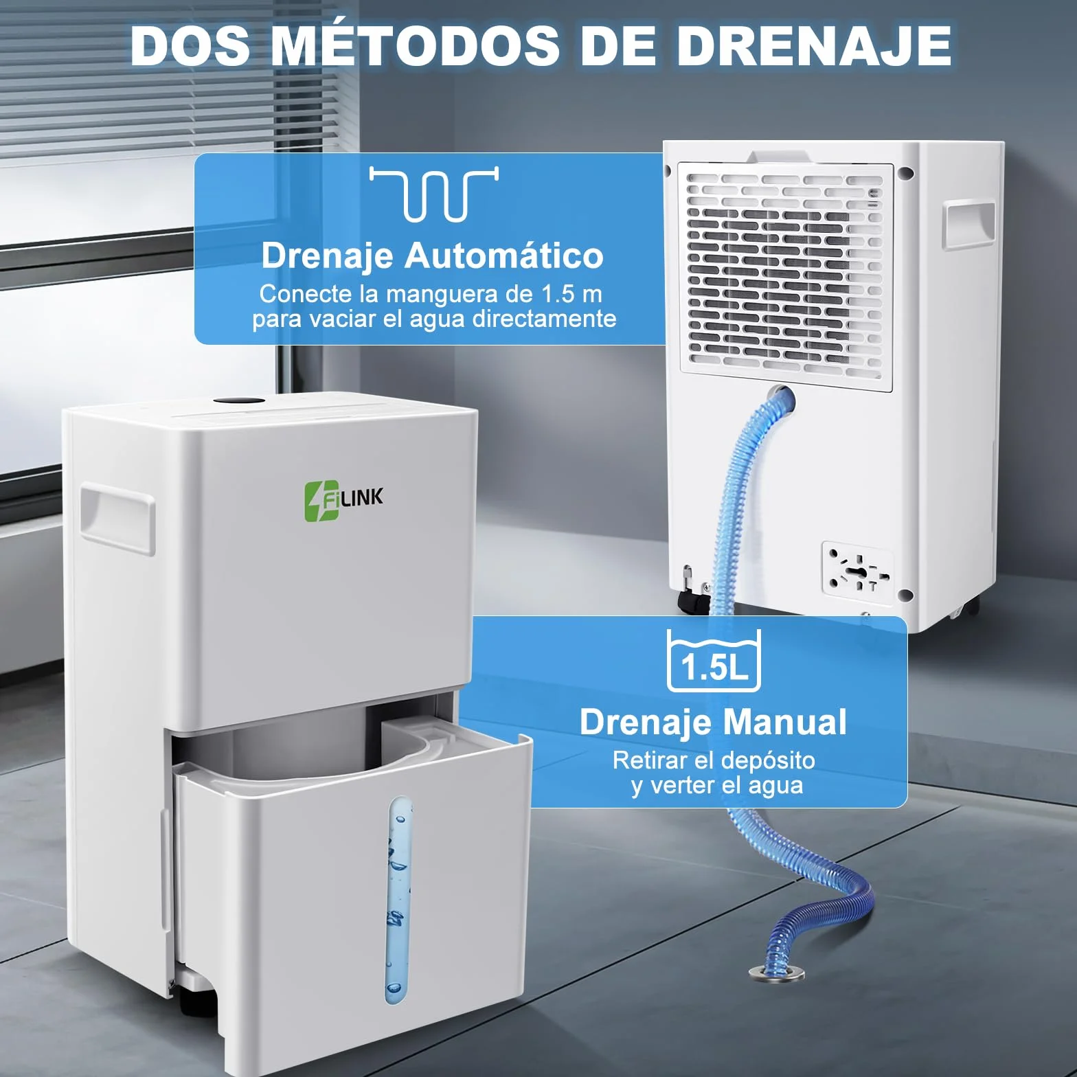 Deshumidificador 9L/Día 60m³ Silencioso Temporizador 24H Apagado Automático