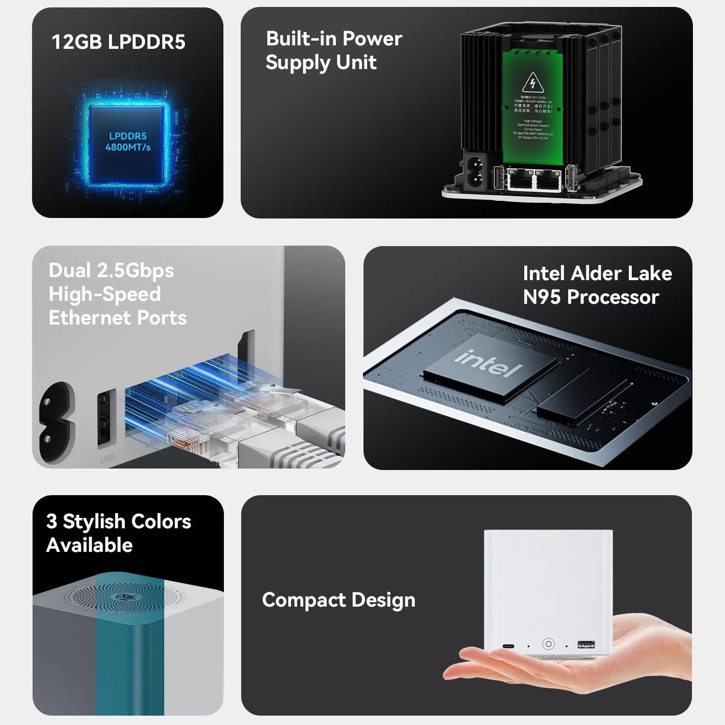 Beelink ME Mini PC, Intel N95 NAS, 12GB LPDDR5, 1TB M.2 SSD, 6 M.2 NVMe Slots, Dual 2.5GHz LAN, WiFi 6, Bluetooth 5.2, Mini Desktop Router/Network Attached Storage