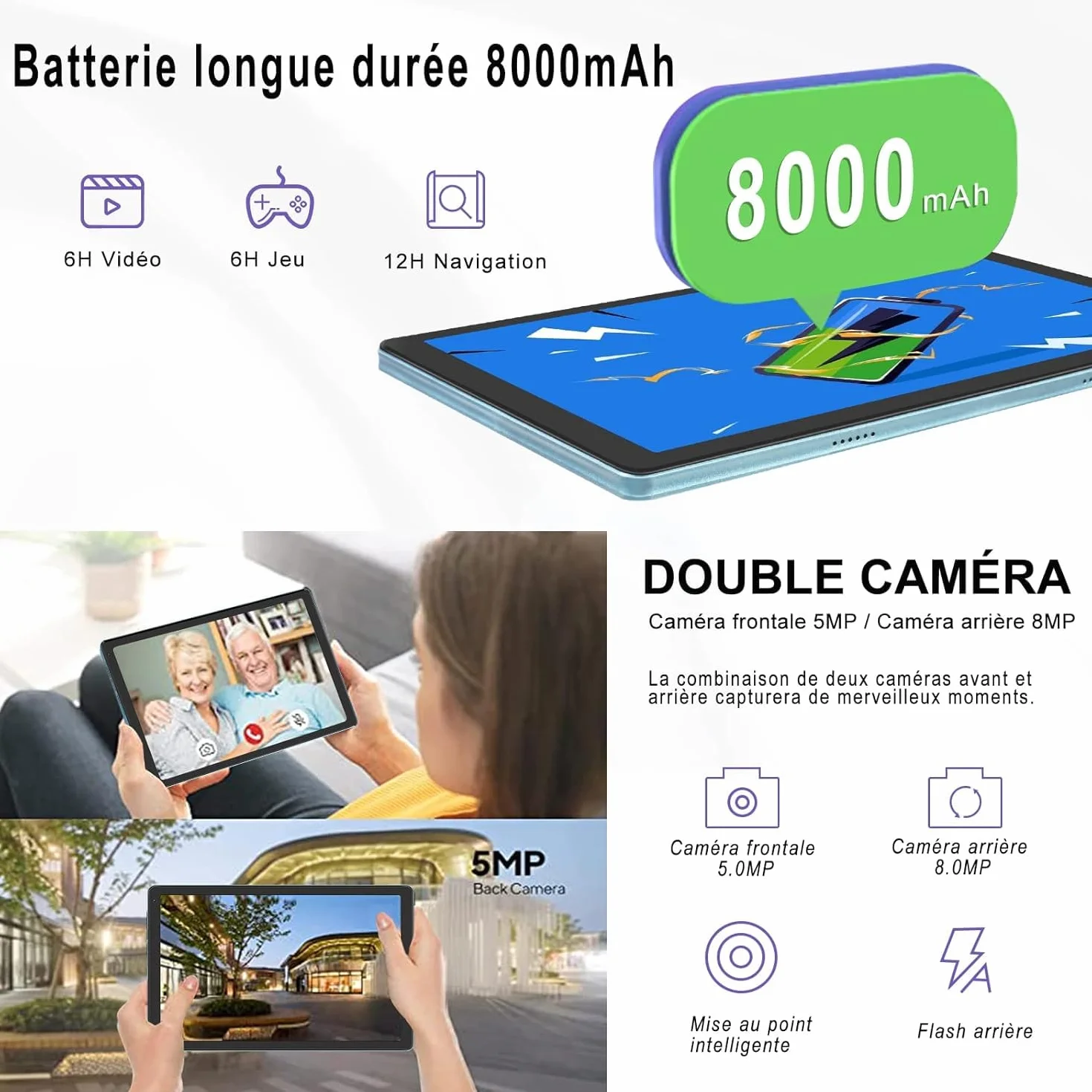 Tablet 10.36 Pulgadas Pantalla 64GB ROM + TF 1TB, Tableta Octa-Core 2.0 GHz / 8000 mAh / 8MP+5MP Macro/ 1340 * 800 Pixels / 5G WiFi/GPS, Tablet Funda Protectora - Azul