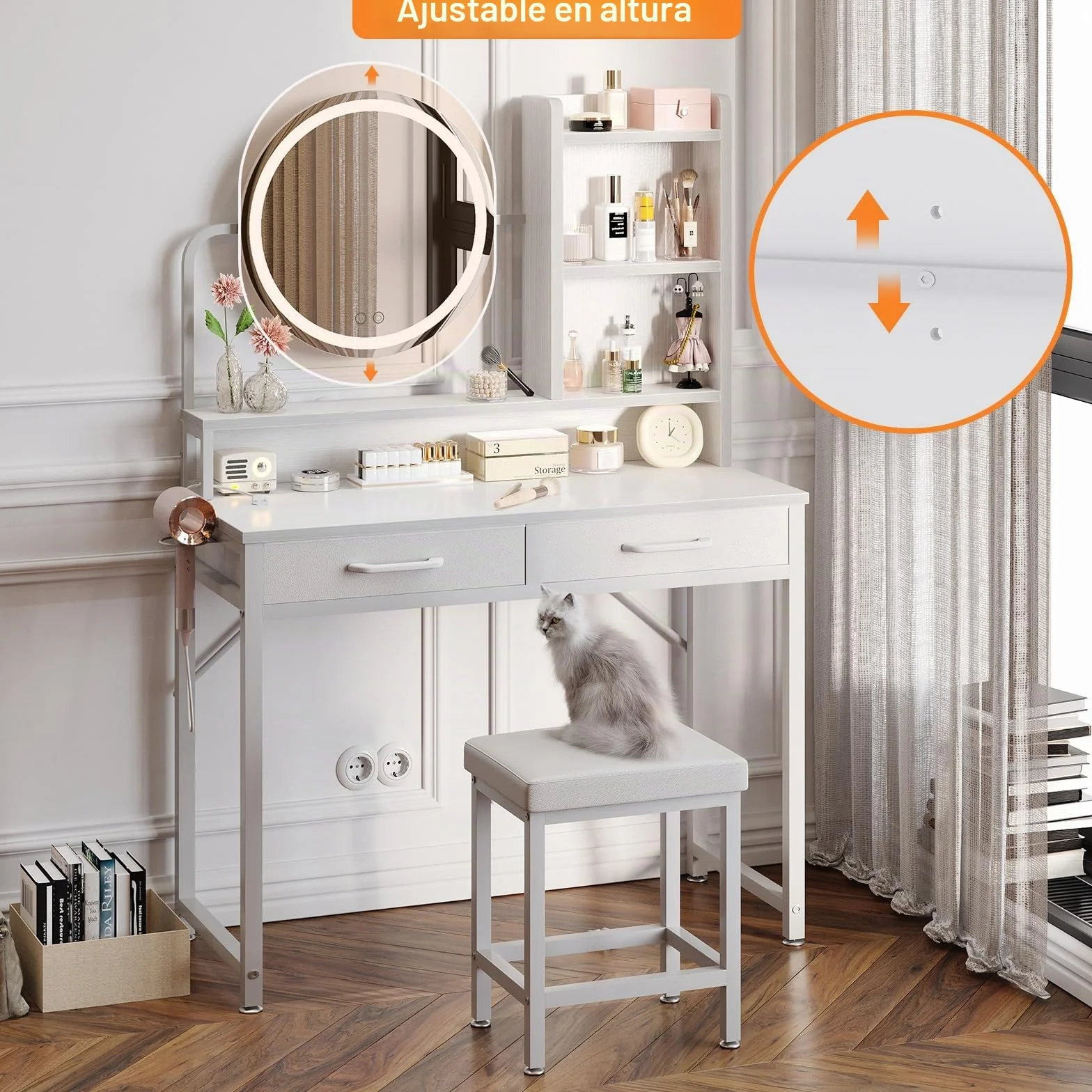 ODK Tocador con Luces LED, Altura Ajustable 120-180 cm, 2 Cajones, 80x40x136 cm, Blanco