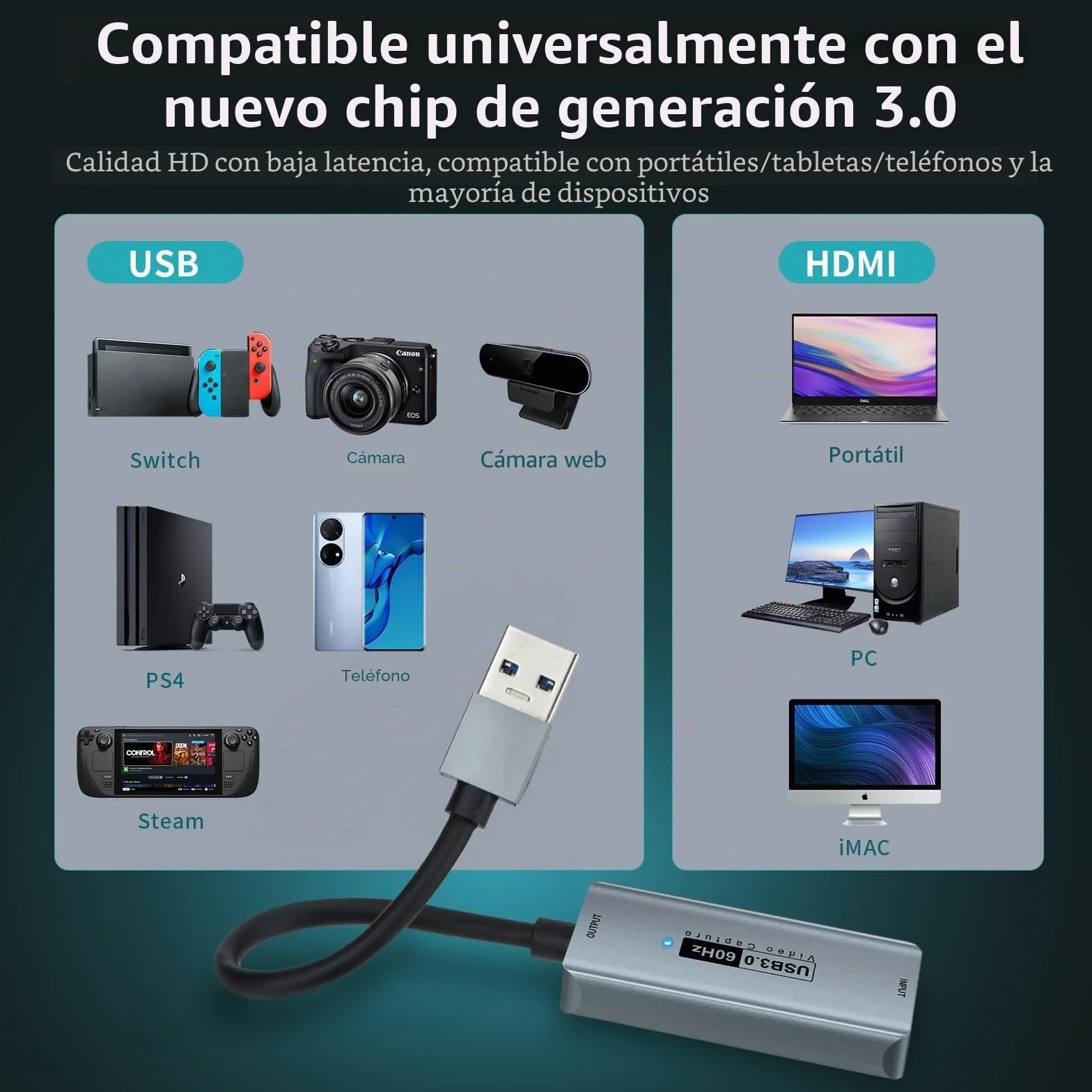 capturadora Video Fulfalic, capturadora 4K HDMI a USB 3.0, Tarjeta de Captura de vídeo de Audio 1080P 60 FPS, para enseñanza, radiodifusión, Juegos, Streaming, videoconferencia