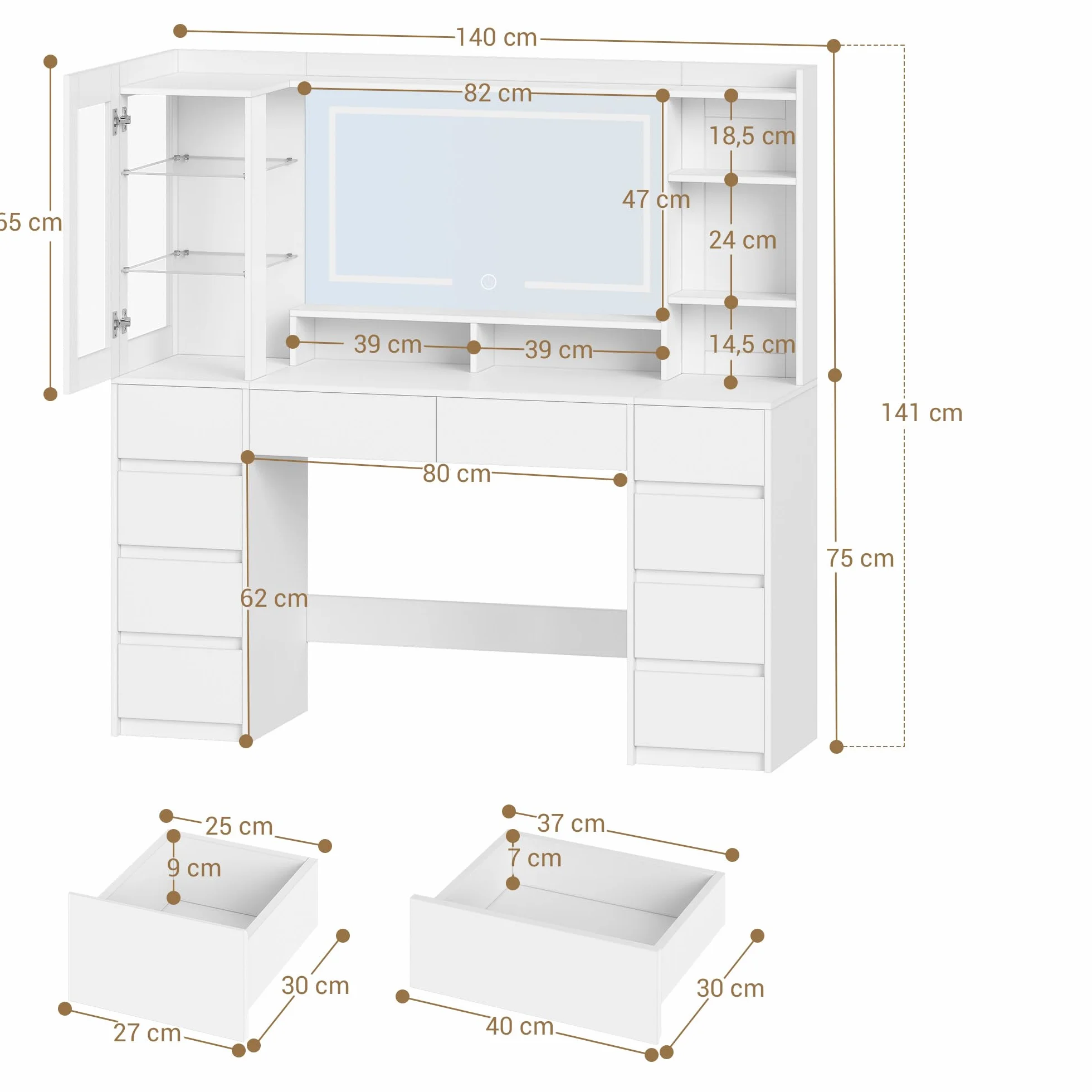 Tocador de Maquillaje Grande 140 cm con Espejo HD, Tira de Luz RGB, 10 Cajones, Blanco