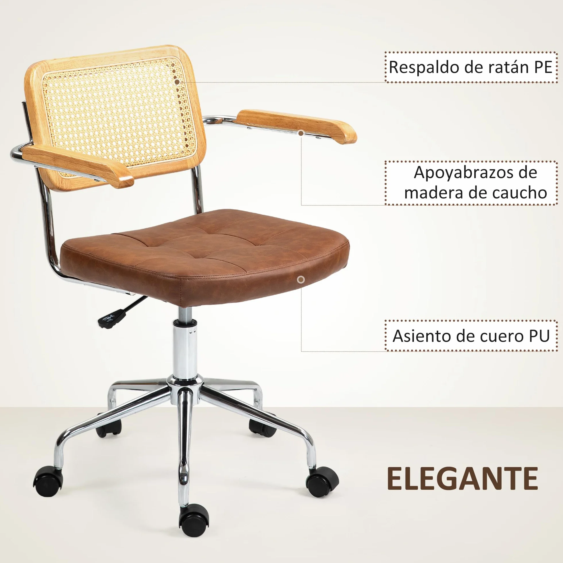 HOMCOM Silla de Oficina Giratoria con Respaldo de Ratán Sintético, Altura Regulable, Carga 120 kg, 60x55,5x82-90 cm, Marrón