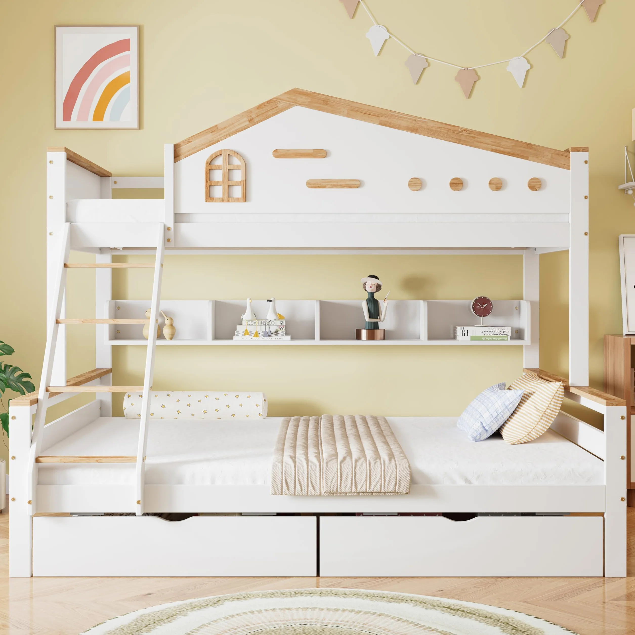 Lubvtti Litera Infantil con 2 cajones,Cama Infantil 90 x 200 cm y 140 x 200 cm,literas Juveniles con Estante Abierto,Estructura de Cama de Matrimonio de Madera Maciza, Blanco + Natural