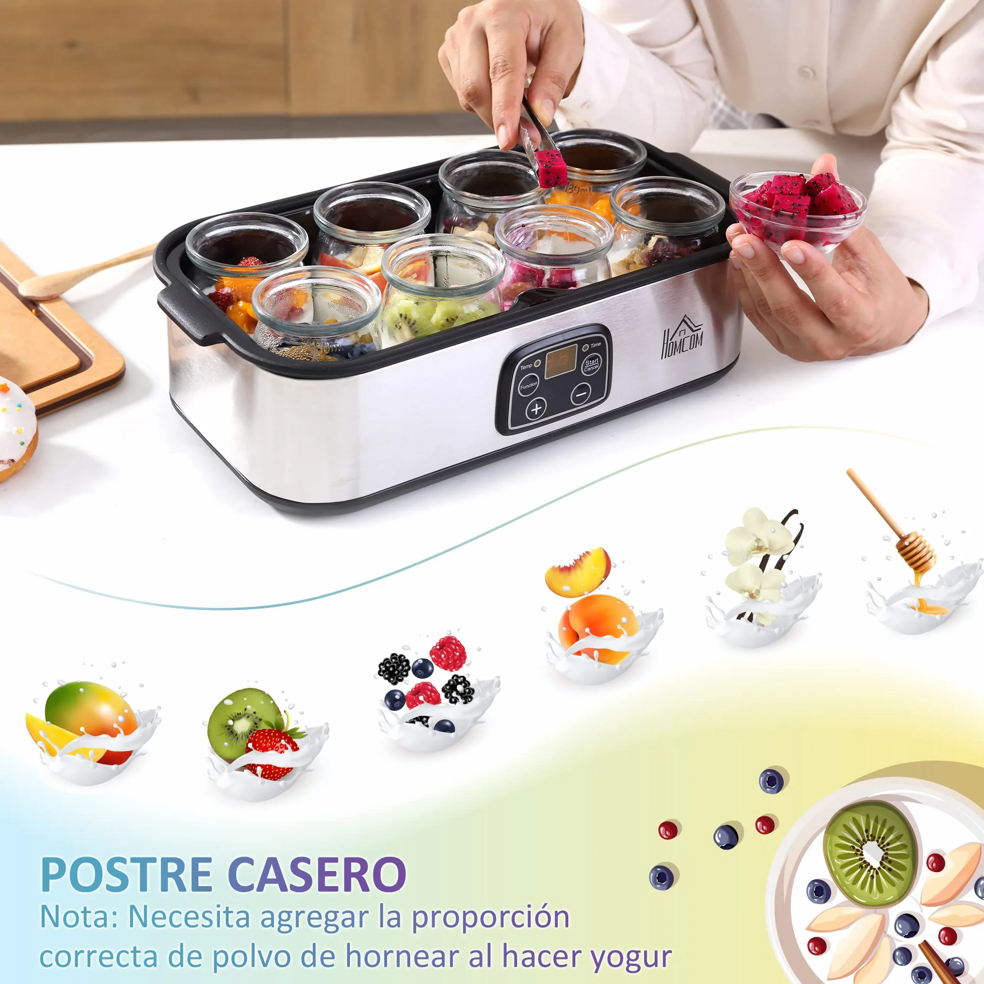 HOMCOM Yogurtera 25W 1,44L 8 Tarros de Cristal 180 ml Termostato Ajustable Temporizador 1-48 Horas Apagado Automático 36x18,8x14 cm Plata
