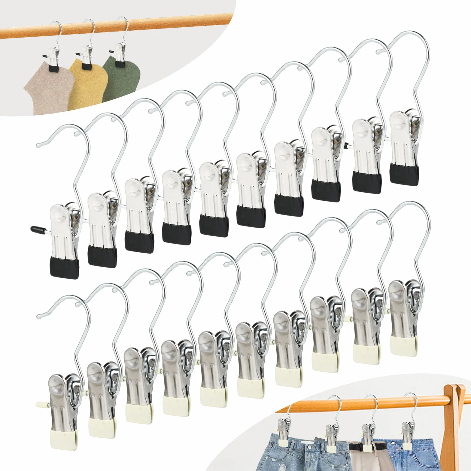 20 Metal Ganchos con Clips Antideslizantes - Perchas de Pinza - Perchas Pinzas - Colgador de Botas Giratorio de 360°- Adecuado para Pantalones, Toallas, etc