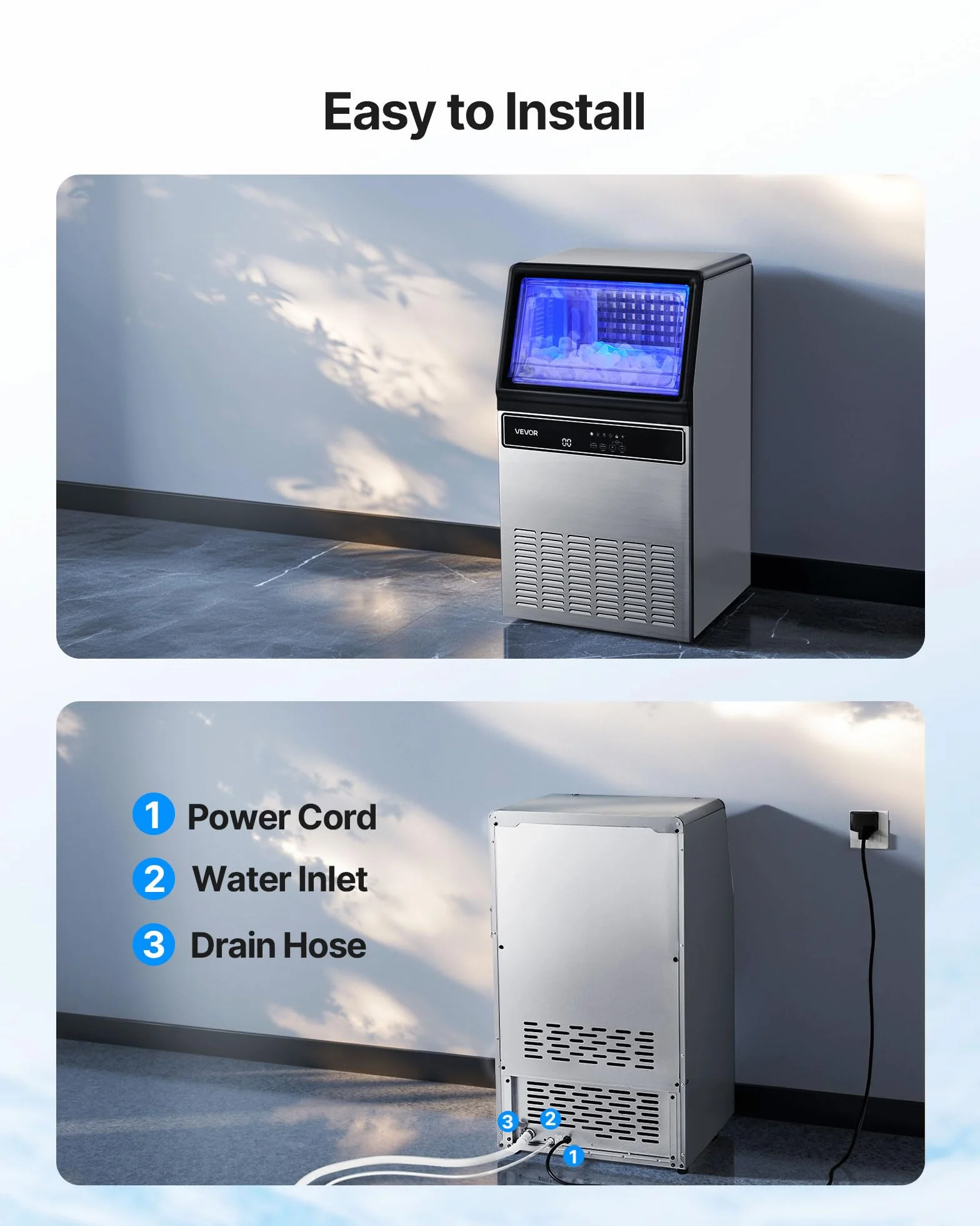 VEVOR Máquina para Fabricar Hielo 54,4 kg/24 h 15 kg Almacenamiento Acero Inoxidable Independiente Encimera Pantalla LED Autolimpieza