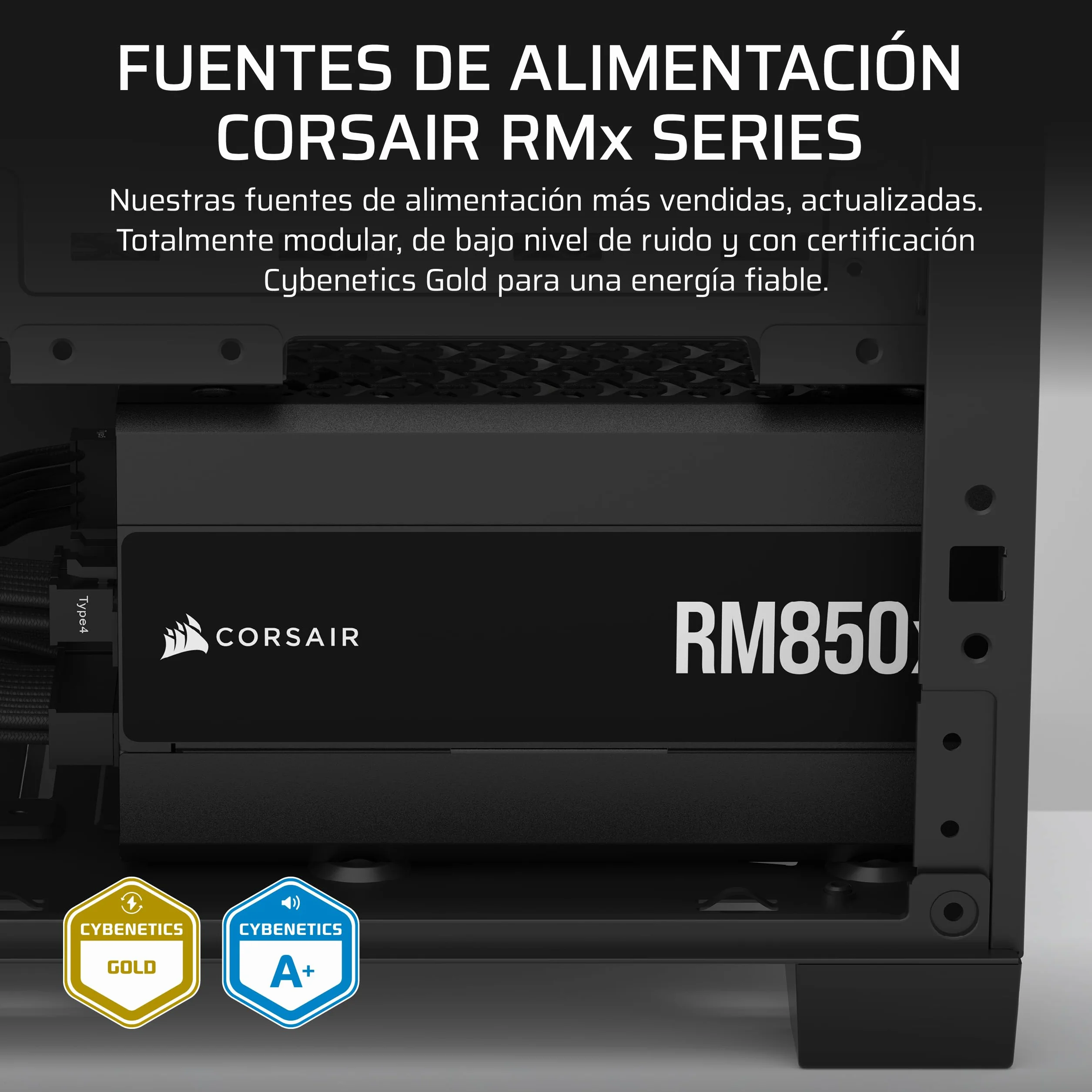 CORSAIR RM850x Fuente de Alimentación ATX Totalmente Modular de Bajo Ruido – Compatible con ATX 3.1 & PCIe 5.1 – Eficiencia Cybenetics Gold – Conector 12V–2x6 Nativo – Negro