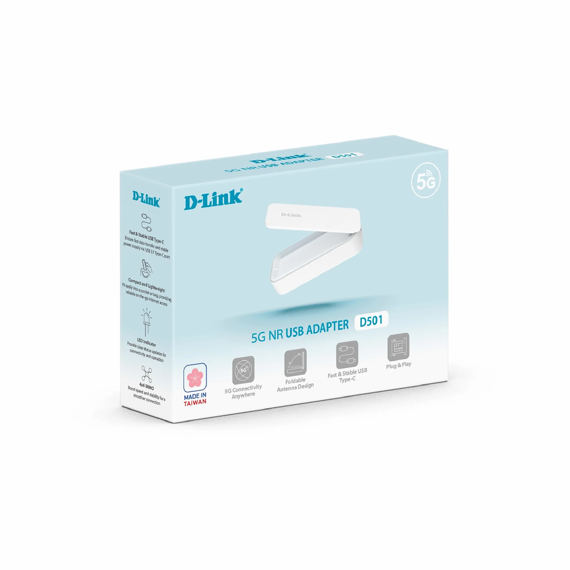 D-Link D501 Adaptador USB 5G NR – Internet móvil 5G/4G LTE ultrarrápido, Plug & Play, USB-C, Antena Plegable, Nano SIM, Compatible con Windows/macOS/Linux