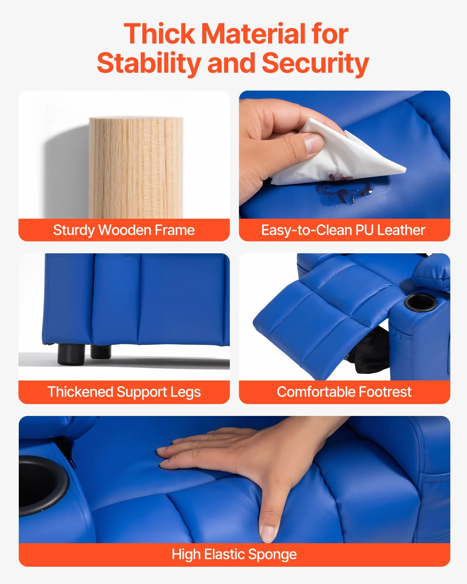 VEVOR Sillón Relax Reclinable para Niños, Sofá Infantil, Respaldo Ajustable 107°-126°, 2 Portavasos, 4 Bolsillos, Reposapiés, Cuero Sintético, Azul