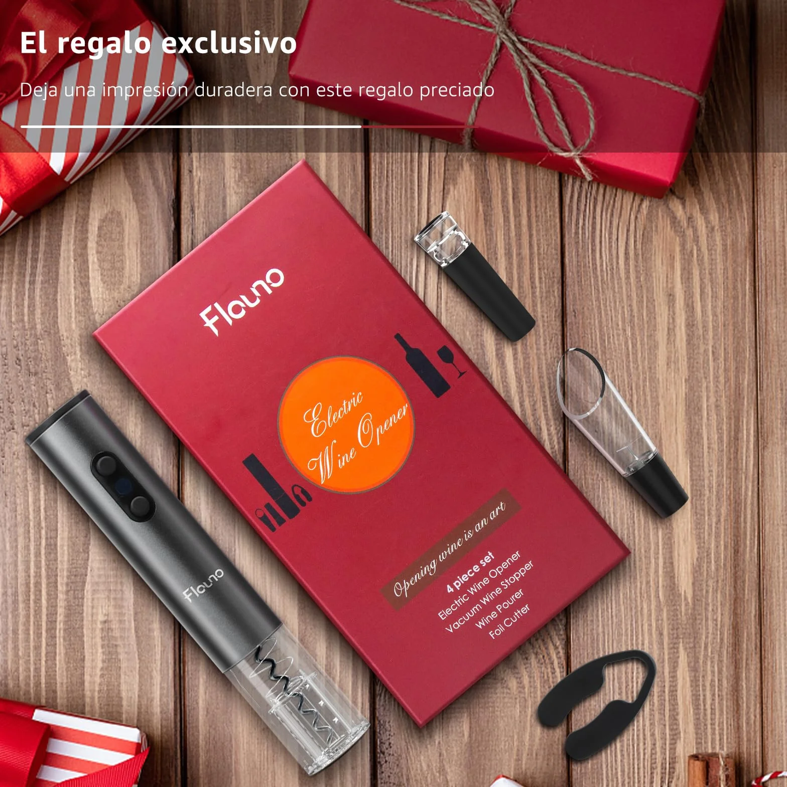 Flauno Sacacorchos Eléctrico 6 en 1 Recargable con Abridor de Vino, Corta Cápsulas, Vertedor y Tapón