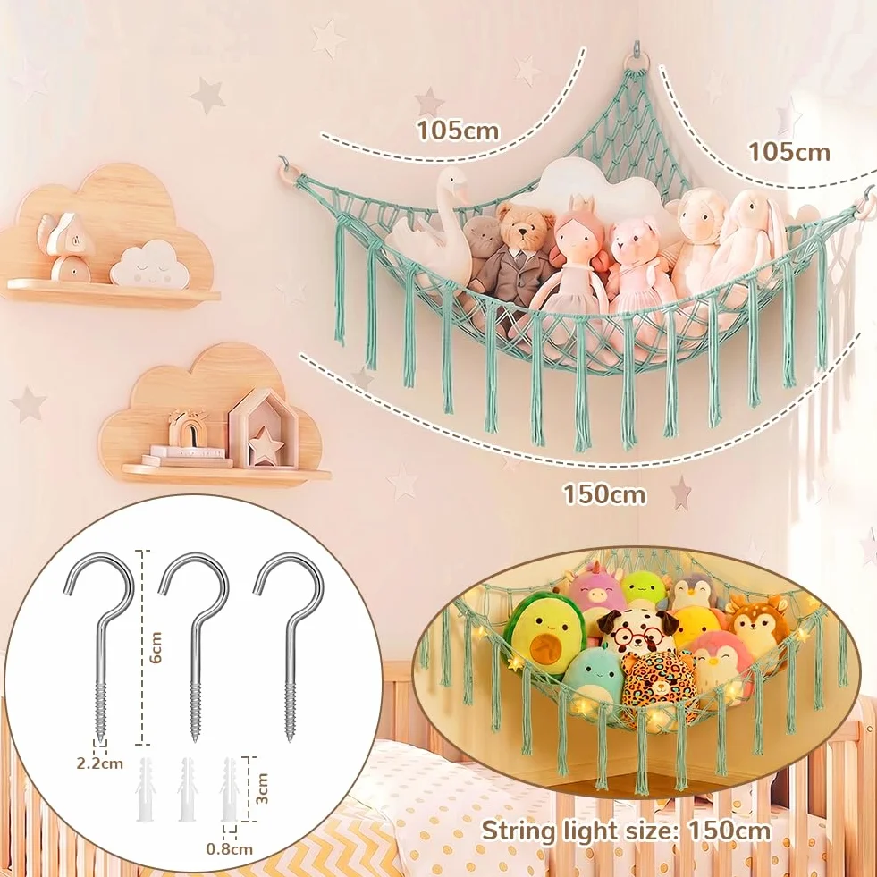 AUAUY Red de Almacenamiento de Peluche con Luces LED, Hamaca Boho Grande, Colgante Decoración Habitación Infantil Azul