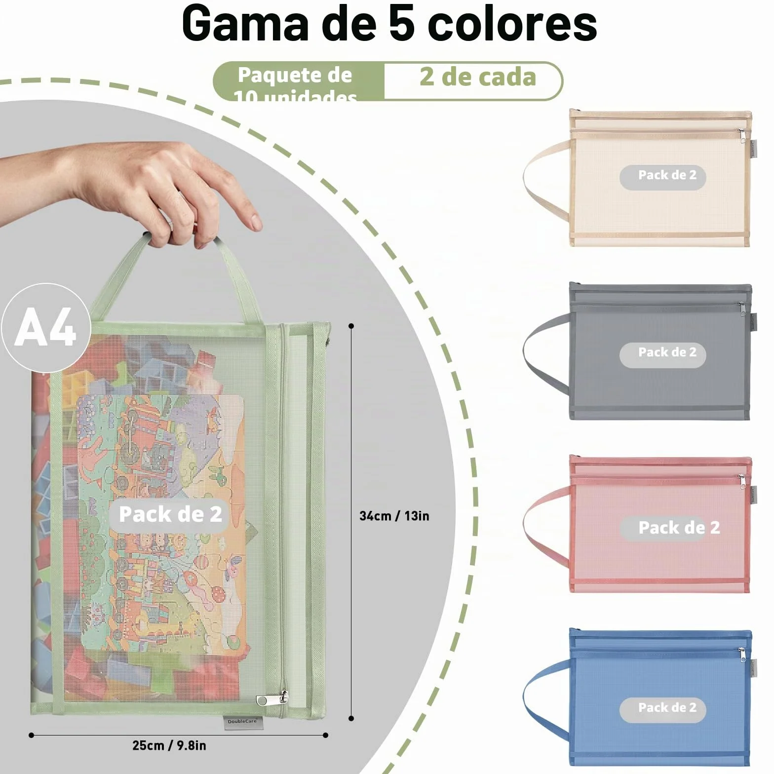 Bolsas de malla de colores con cremallera, 10 paquetes, nailon de doble capa, almacenamiento de juguetes, con asa