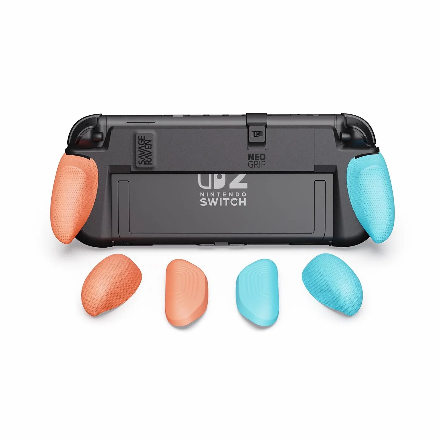 Savage Raven by Skull & Co. NeoGrip for Nintendo Switch 2: An Ergonomic Grip Hard Shell Handheld Case with Replaceable Grips [to fit All Hands Sizes] [No Carrying Case]- Neon Blue(L)+Neon Red(R)
