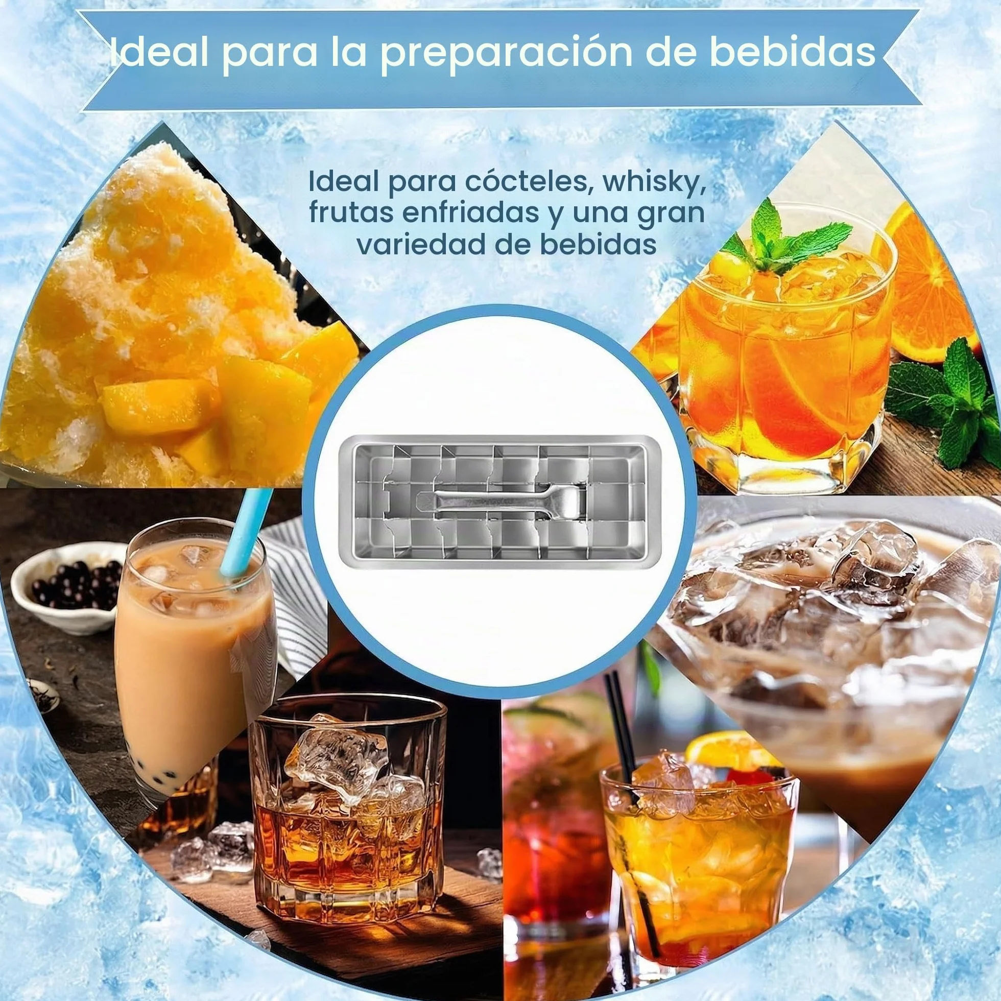 Cubitera de acero inoxidable con 18 ranuras, bandeja para hielo con asa, extracción fácil