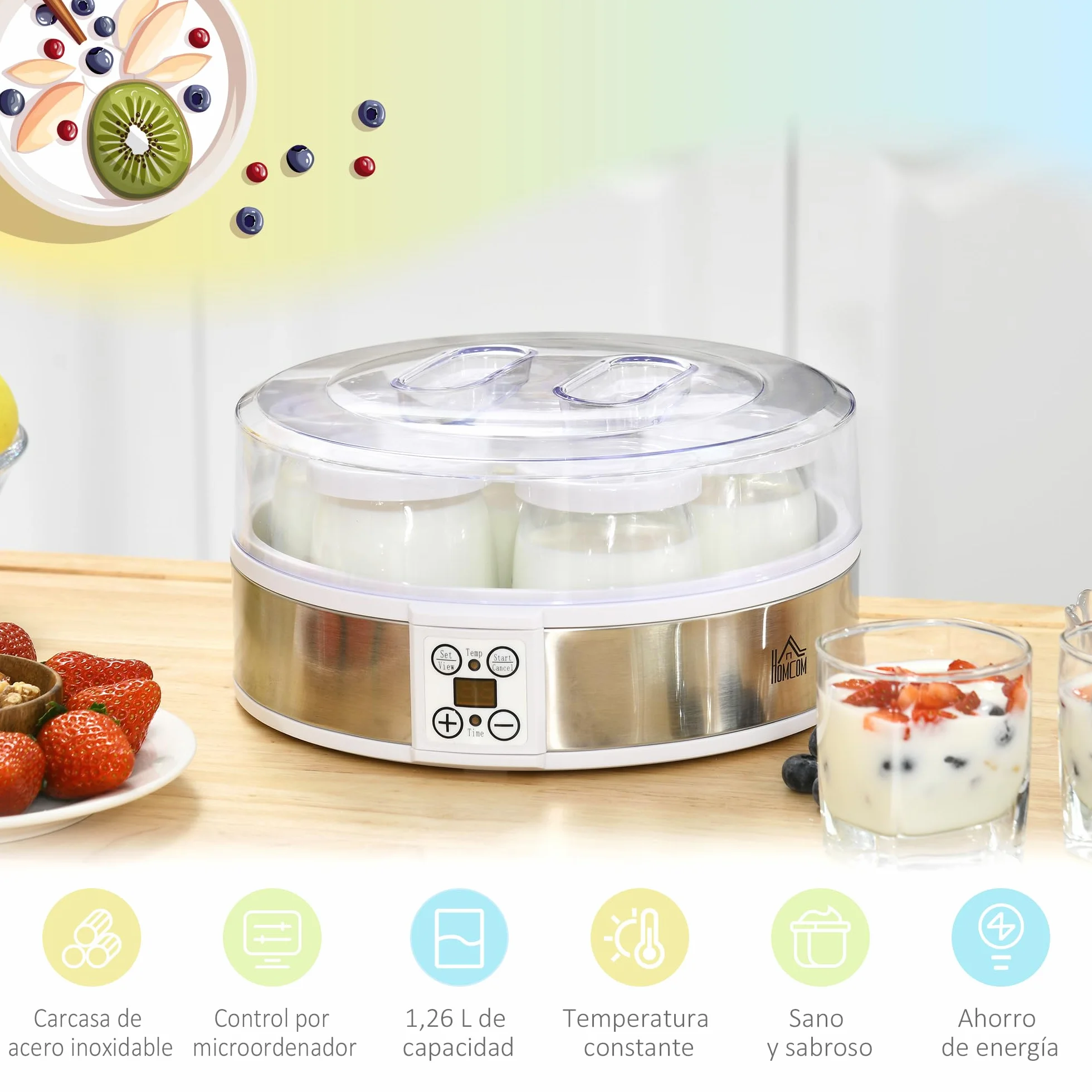 HOMCOM Máquina de Yogur 1,26L 20W 7 Tarros de Cristal 180ml Termostato Ajustable Temporizador Pantalla LED 24x24x13 cm Blanco