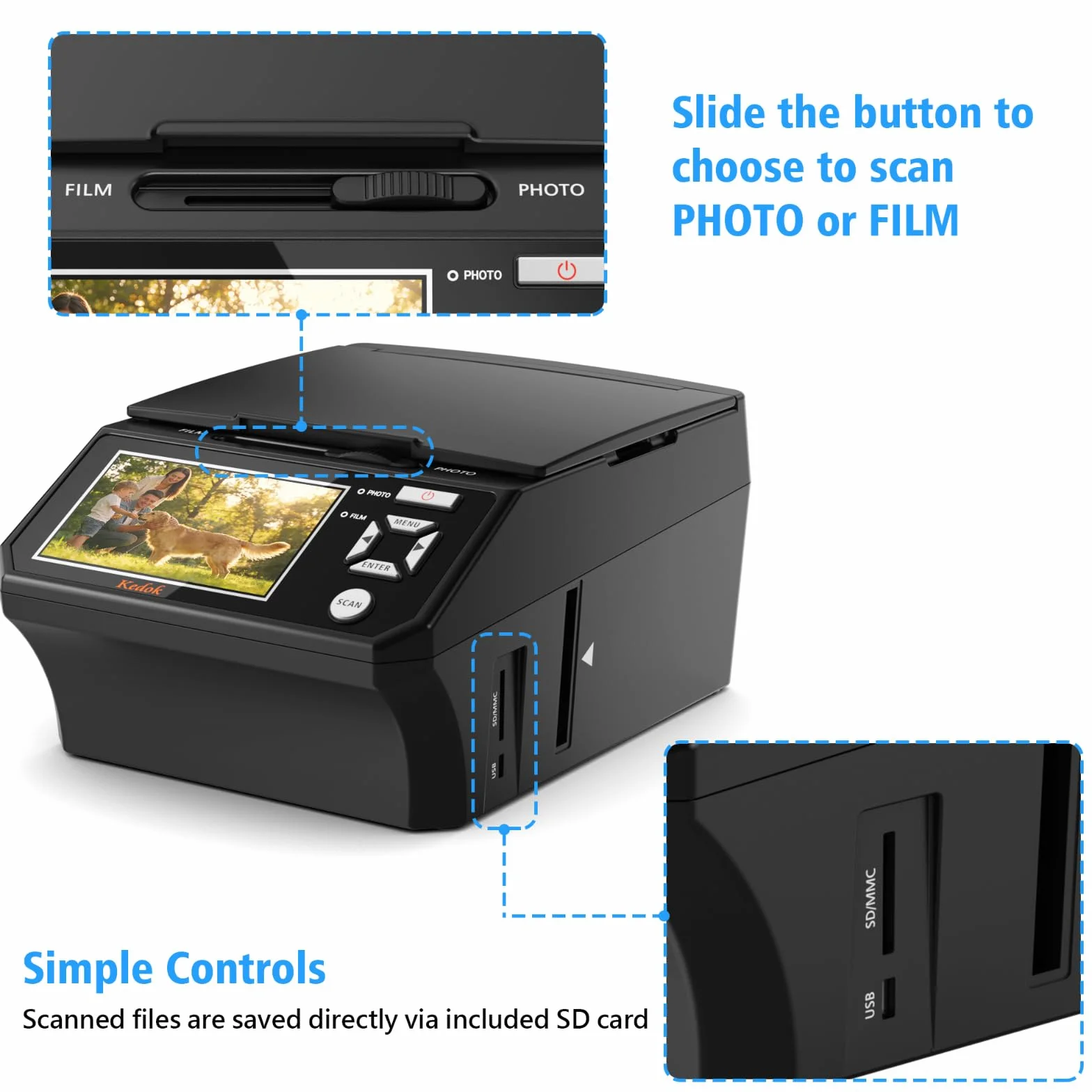 Escáner fotográfico 35mm 110mm 22MP LCD 5 Pulgadas JPEG Tarjeta SD 8GB