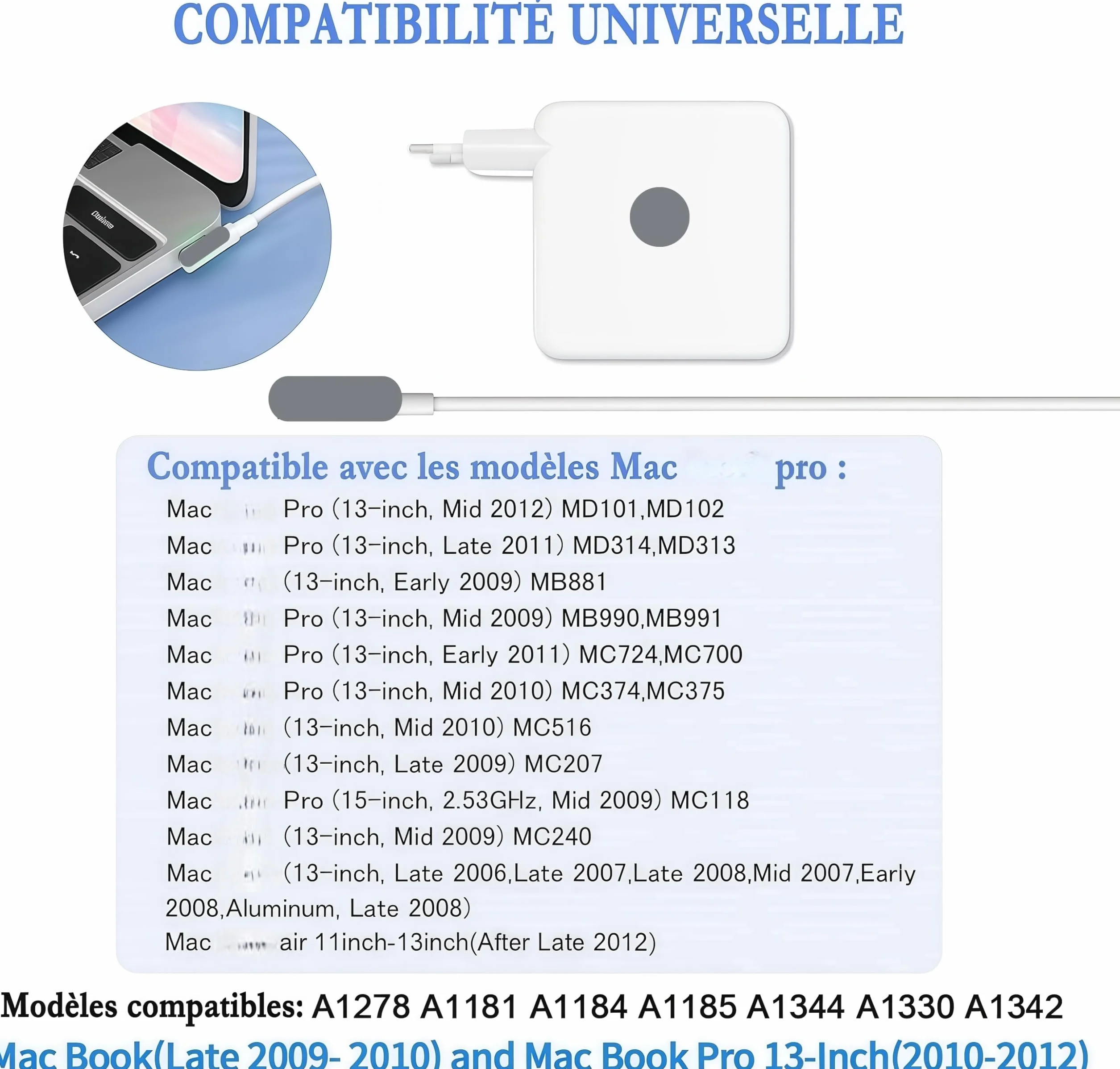 Sustitución Cargador Mac Book Pro 60W, L-Tip Cargador Mac | Compatible con MacBook Pro 13 Pulgadas 2008~2012, para Modelo A1278 A1181 A1184 A1344 A1330 A1342