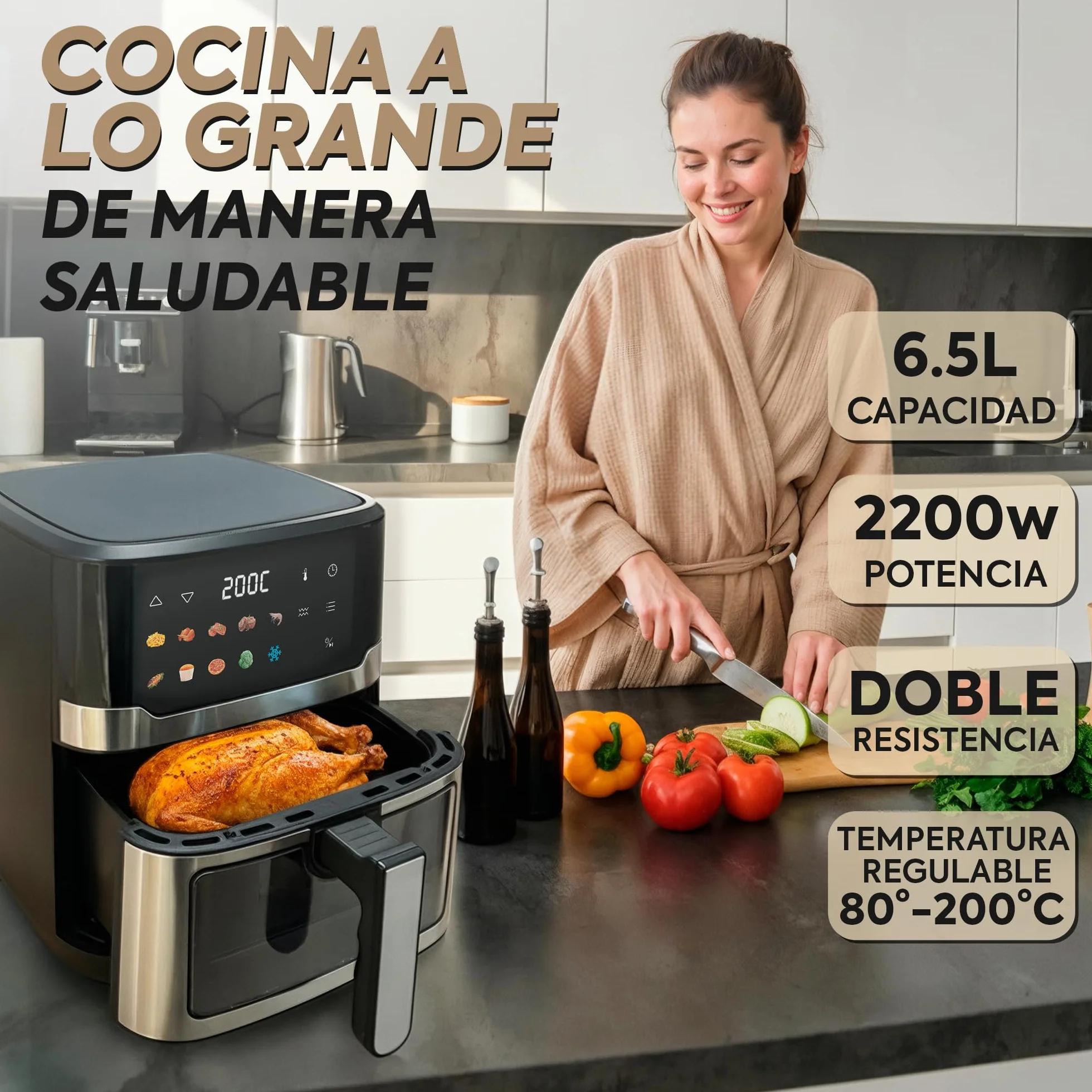 Narvi Freidora de Aire Doble Resistencia 6.5L 2200W 10 Menús Panel Digital Táctil