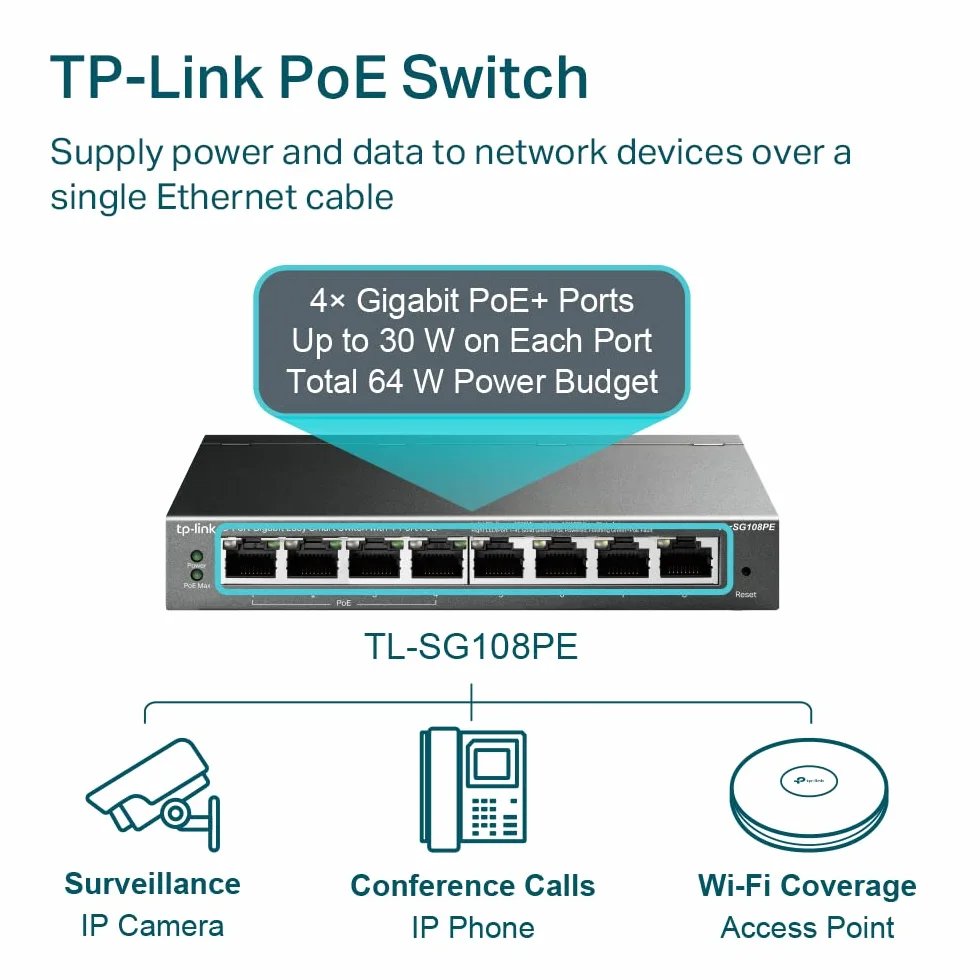 TP-Link TL-SG108PE Interruptor Gigabit PoE (Easy Smart, Administrado de 8 Puertos con 55W 4-PoE, Plug and Play, Escritorio, Metal, Toda la Vida, Cumple con IEEE 802.3af)