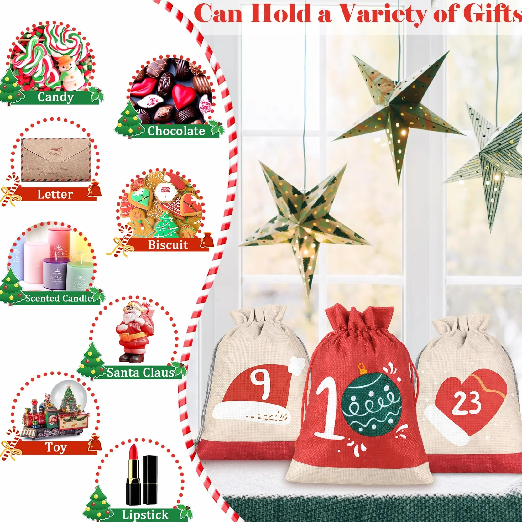Calendario Adviento para Rellenar Tela 2025, 18x13 cm, Bolsas de Yute DIY 24 Piezas