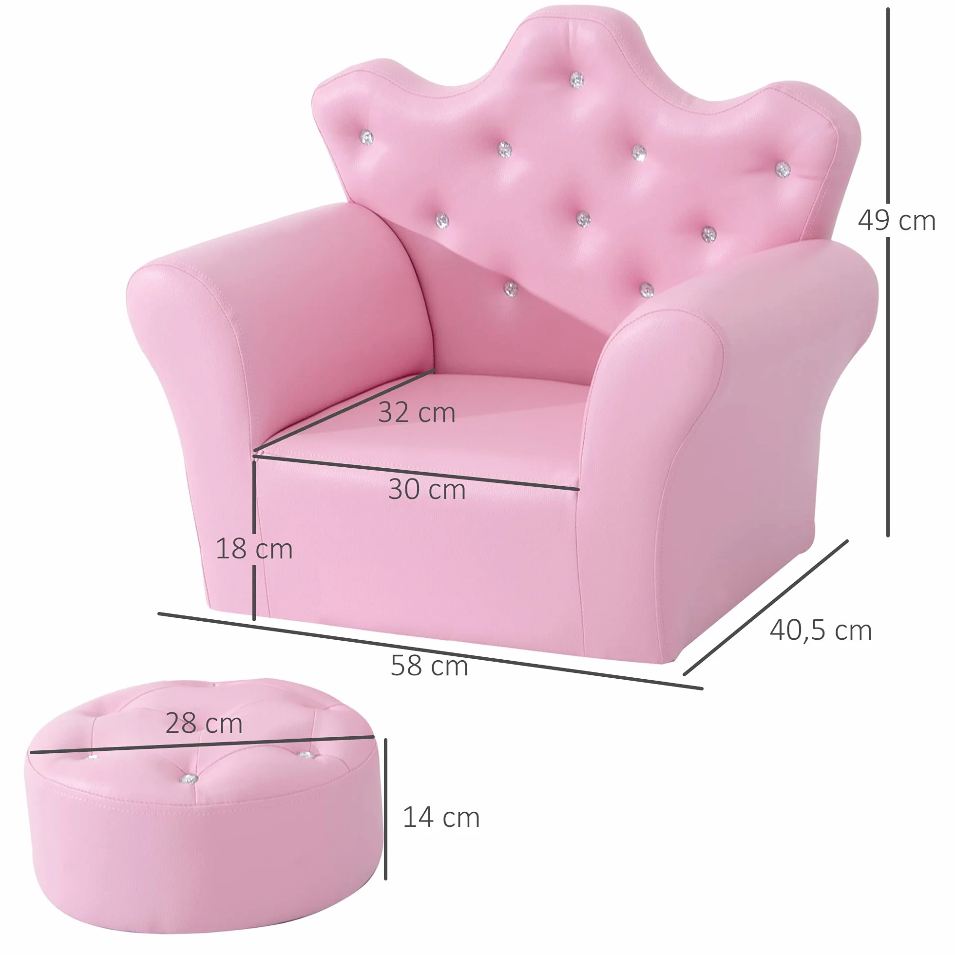 HOMCOM Sofá Infantil con Reposapiés, Sillón Decorativo Respaldo Corona, 58x40.5x49 cm Rosa