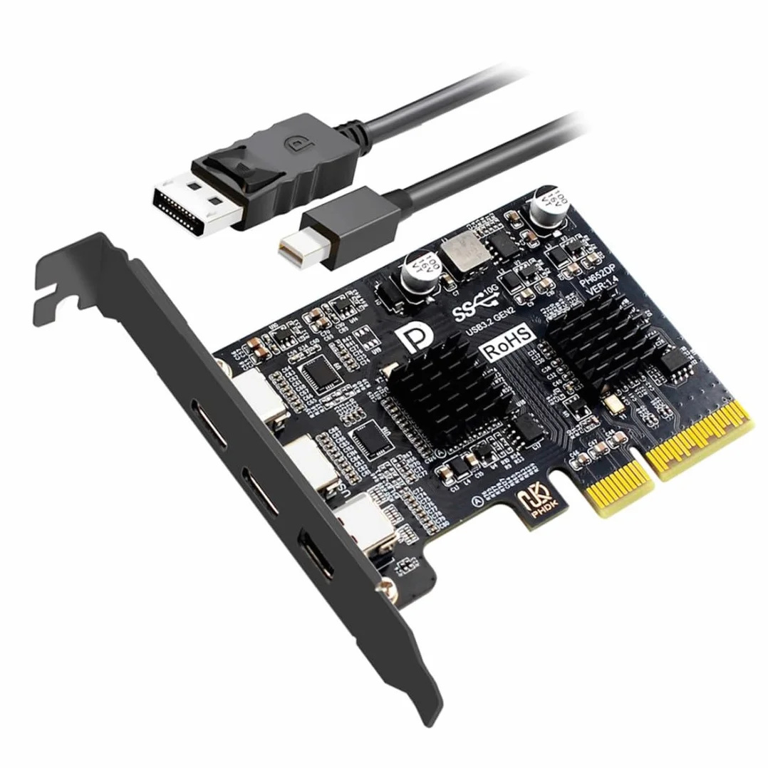 chenyang Tarjeta de Expansión de Gráficos de Vídeo de 2 Puertos PCI-E 3.0 4X y Mini Displayport a 2 USB C con Soporte de Transferencia de Datos USB 3.2 de 10 Gbps y Salida de Vídeo DP1.4