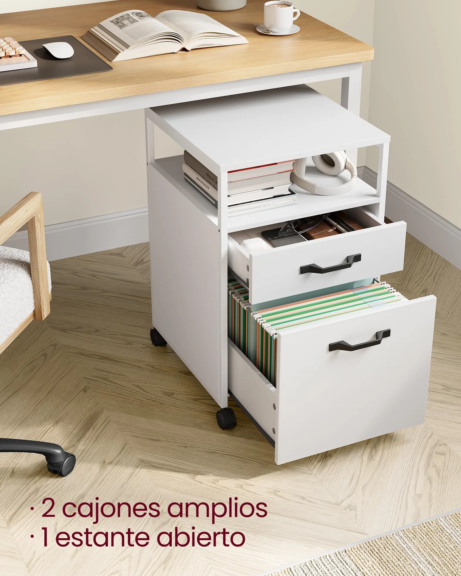 VASAGLE Archivador Móvil 2 Cajones con Ruedas, Acero, Blanco Nube OFC071W14