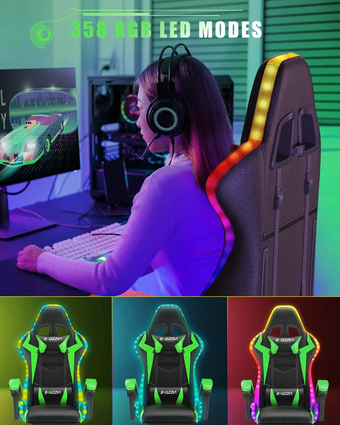 Silla Gaming con Luces LED, Ergonómica, Altura Regulable con Apoyo Lumbar y Reposacabezas, Respaldo Inclinable 155°, RGB Verde