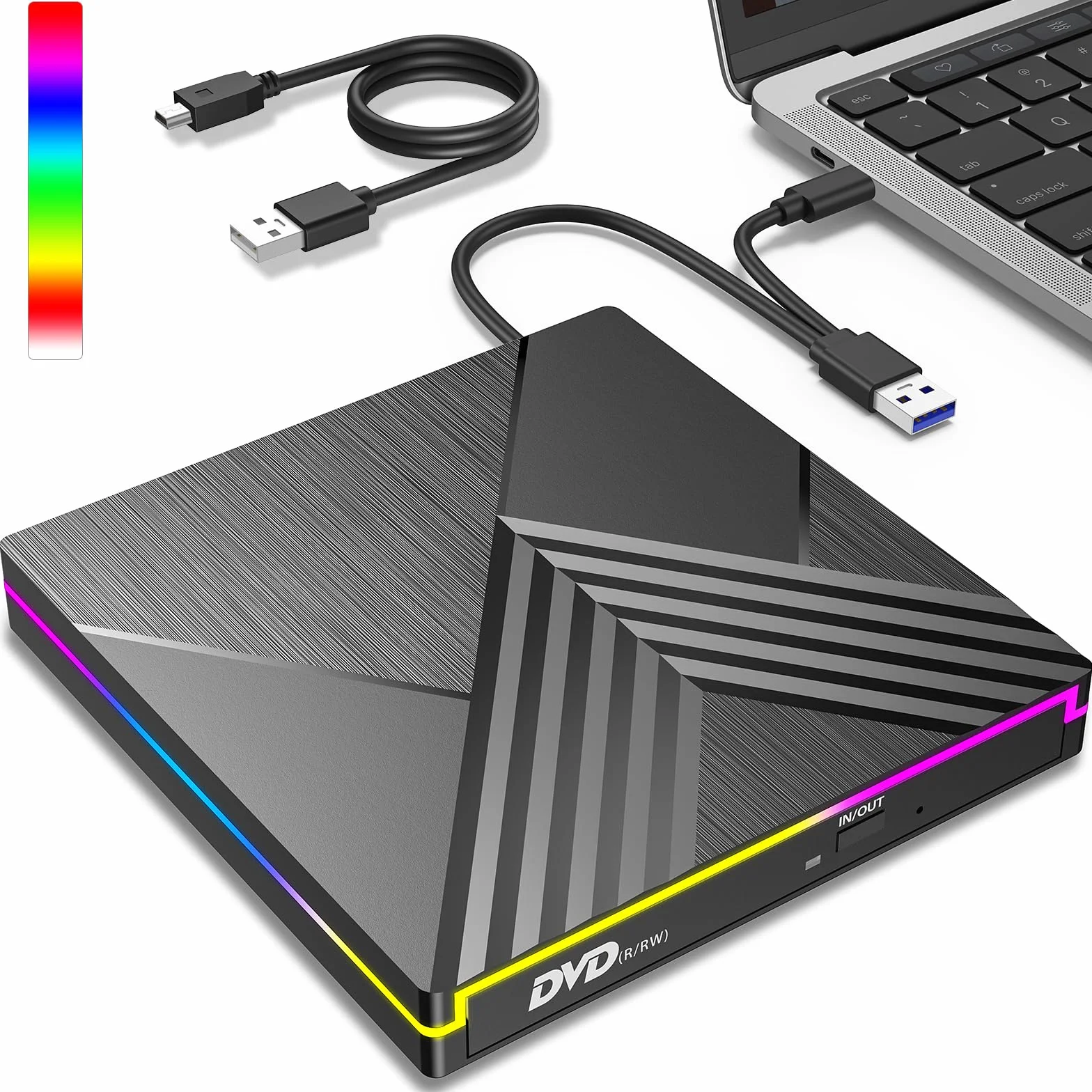 Lector CD DVD Externo, USB 3.0 y Type-C Grabadora CD DVD Unidad Externa, RGB Disquetera Externa CD DVD +/-RW Drive para PC Laptop Desktop MacBook Mac OS Win11/10/8/7/XP Linux Vista