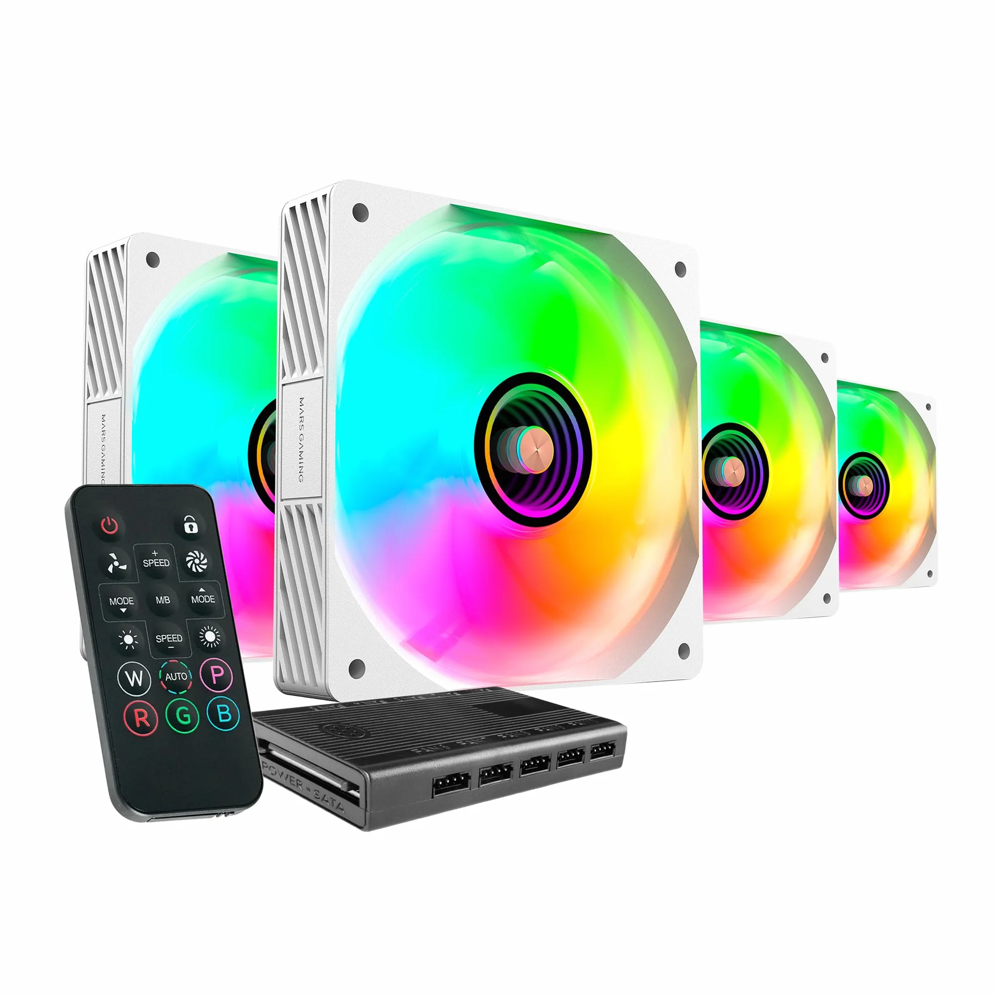 Mars Gaming MF-SI4KIT, Kit 4x Ventiladores Ultrasilenciosos 120mm, Iluminación ARGB Infinity Mirror, Rodamientos FDB y Núcleo de Cobre, Mando a Distancia y HUB, Compatibilidad Total ARGB, Blanco