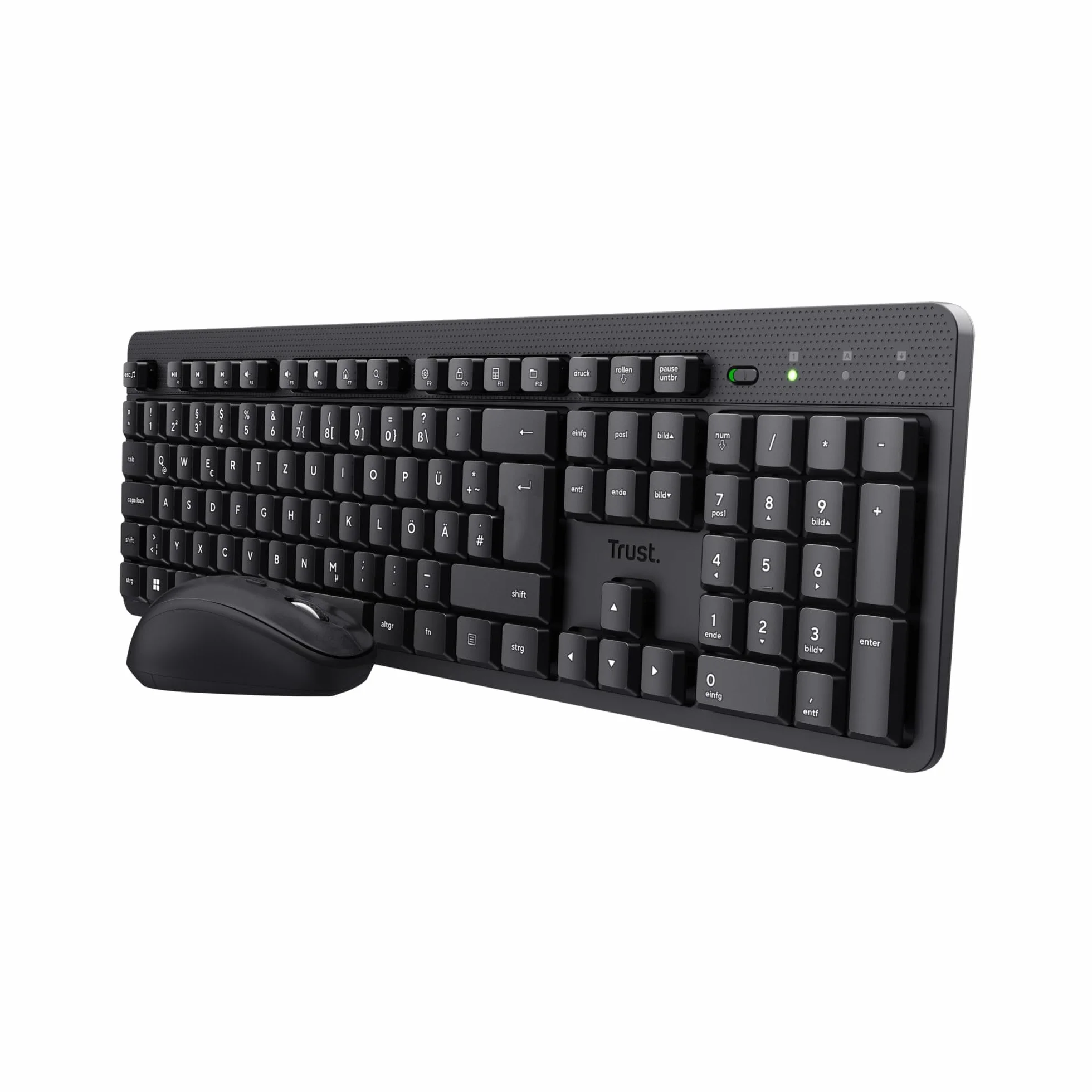Trust Ymo II - Juego de ratón silencioso con Teclado inalámbrico alemán QWERTZ, Teclas Planas, a Prueba de Salpicaduras, ratón inalámbrico ambidiestro 800-1600 dpi, un Receptor USB, para PC,