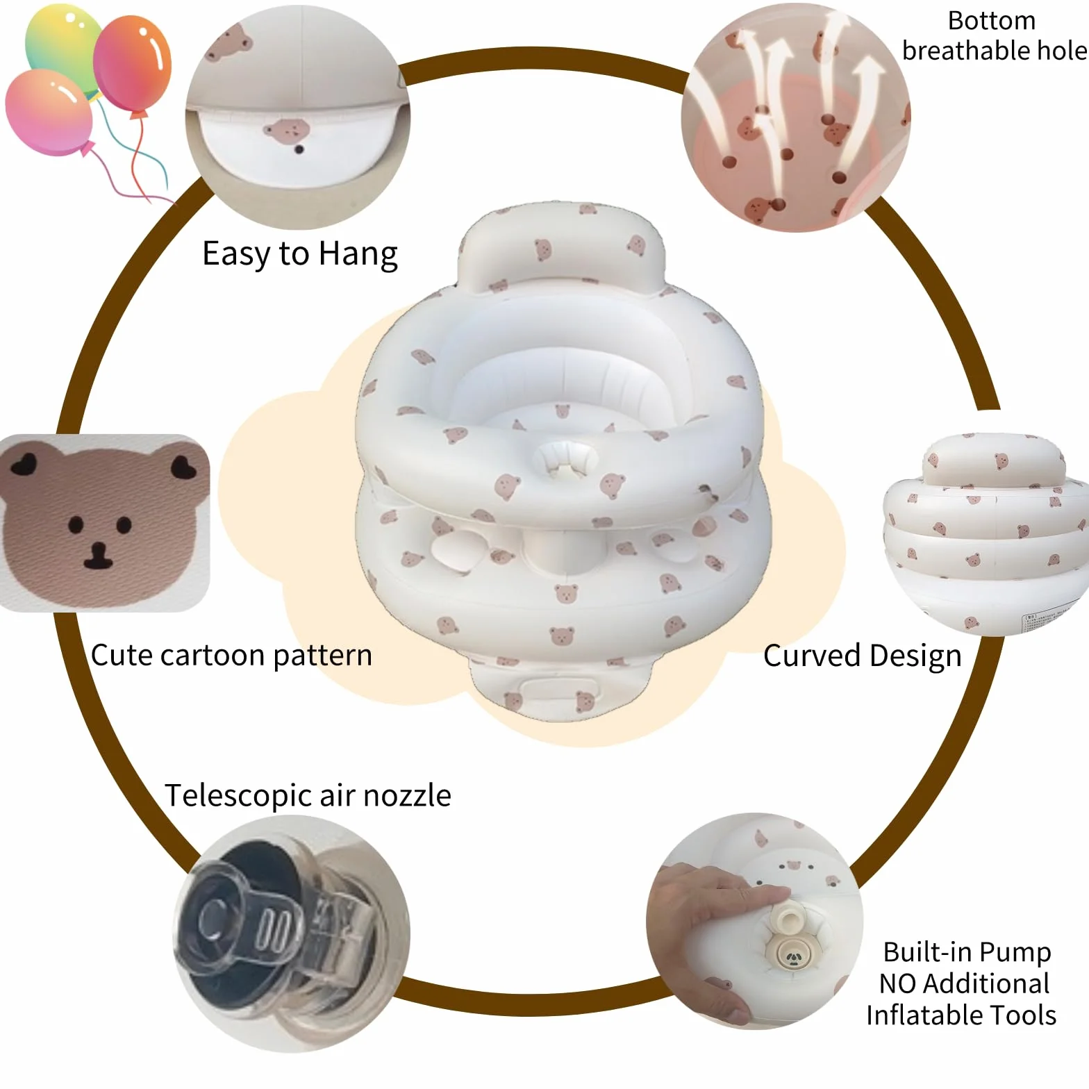 Asiento inflable para bebés 3-36 meses con bomba integrada, soporte de espalda