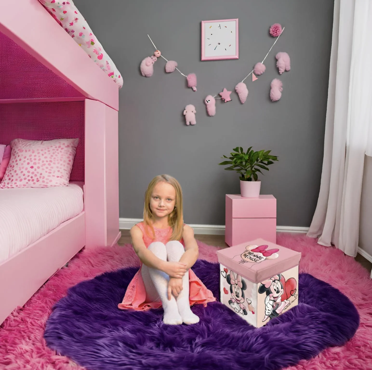 Cubo de almacenaje y asiento Minnie Mouse 30x30x30 cm Taburete infantil plegable con tapa acolchada Organizador de juguetes
