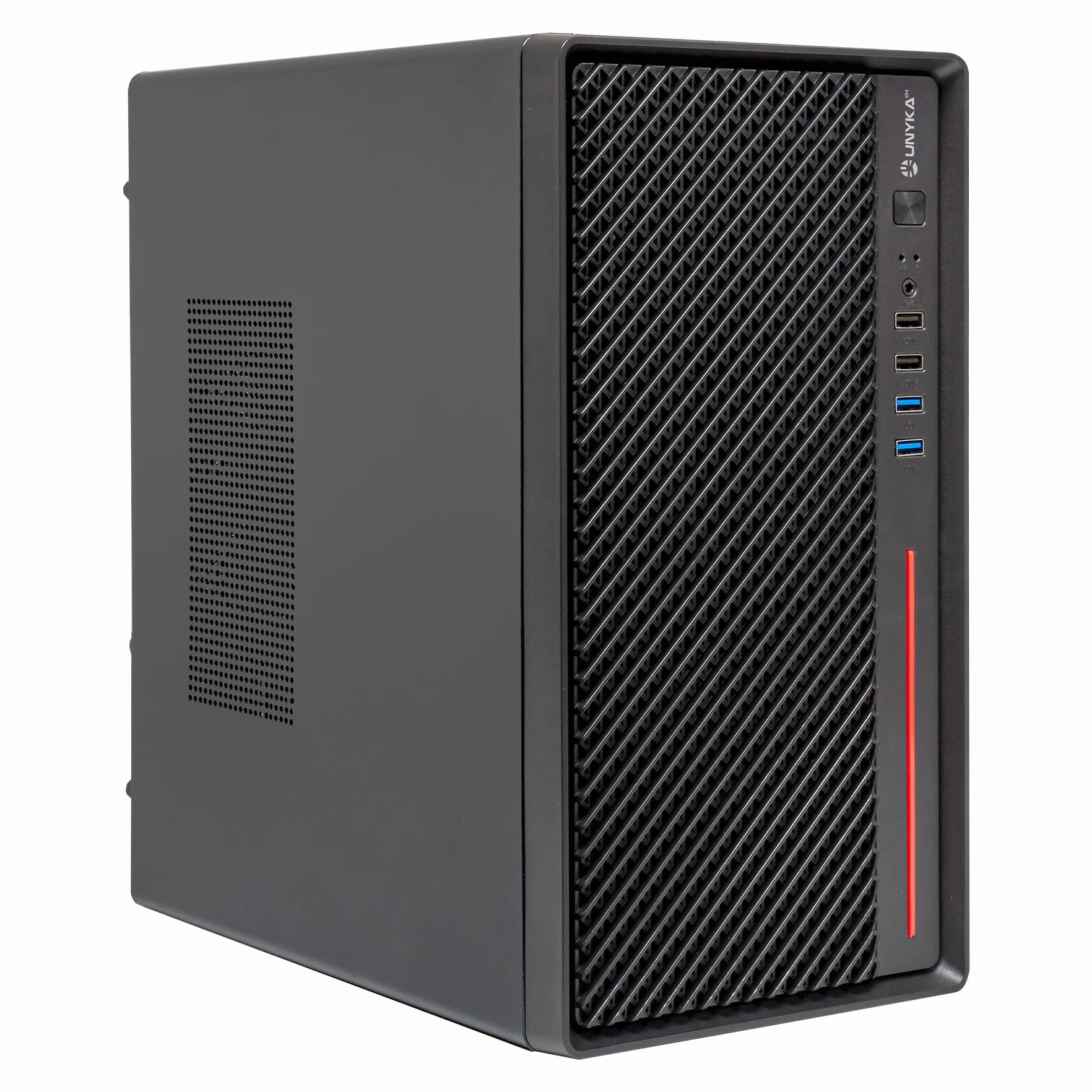 UNYKAch Caja de Ordenador Micro ATX NUMEN 300 Pro - 4 USB (2×3.0 + 2×2.0), Soporte ATX, GPU hasta 250 mm, Compacta Negra/roja, Ideal para Empresas, Comercios e Instituciones