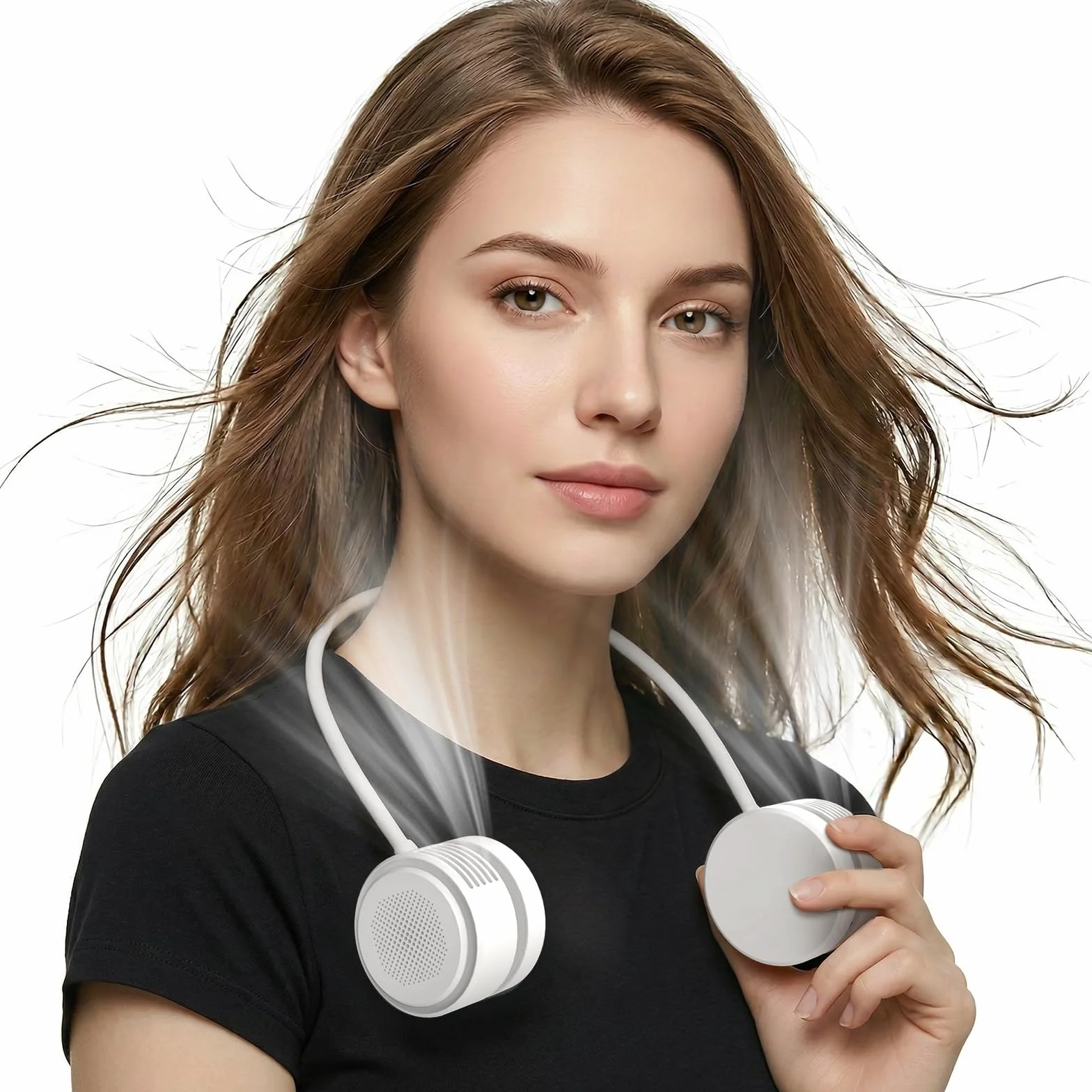 ViSSKO Ventilador de Cuello, 2000mAh Mini Portatil Ventilador Silencioso, Ajustable 3 Velocidades & 360° Flujo de Aire, Cuello Ventilador Sin Aspas para Viajes Deporte Oficina Hogar - Blanco