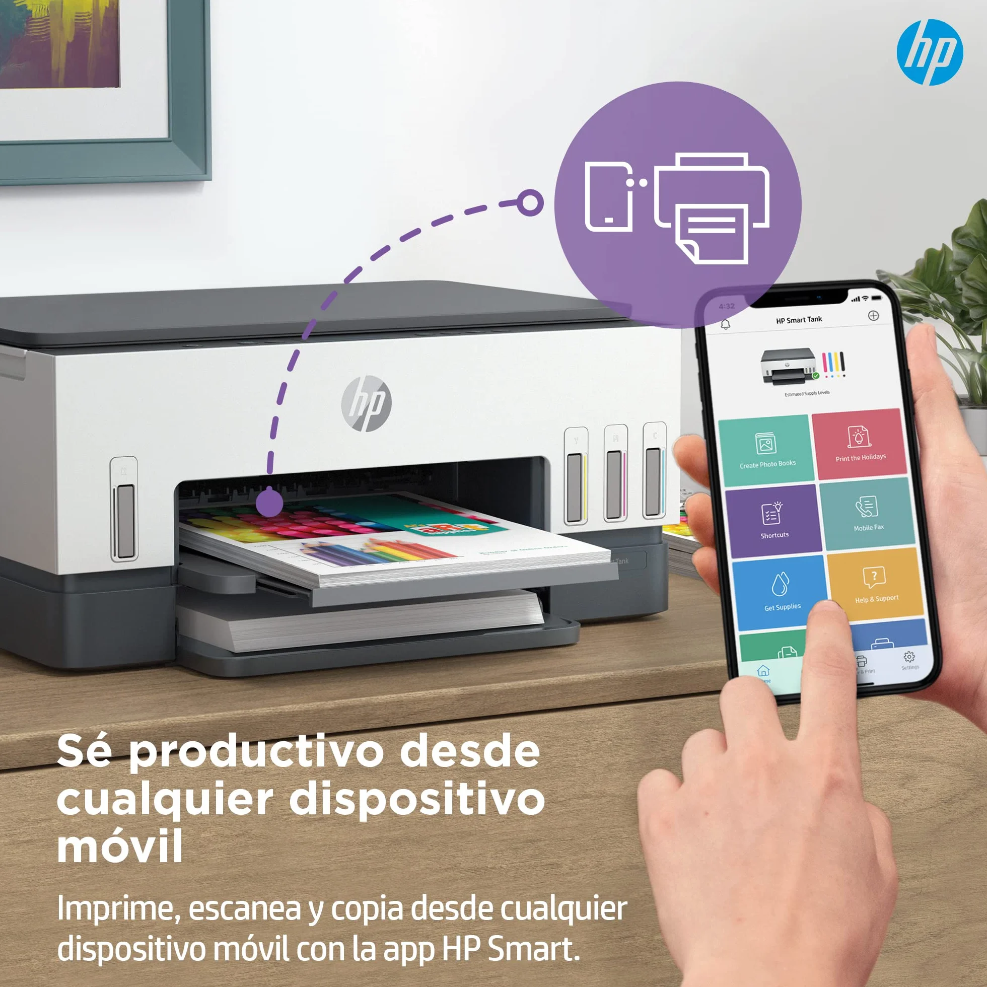 HP Smart Tank 6005, Impresora A4 Multifunción a Color, Inyección de Tinta, Wi-Fi de Doble Banda, Impresión automática a Doble Cara, Escáner, Copiadora, Smart App, Tinta incluida hasta 3 años