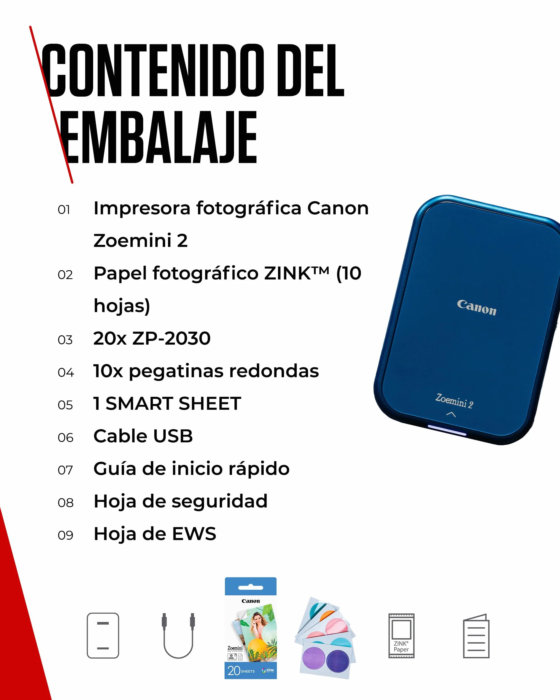 Canon Kit Zoemini 2 Impresora fotográfica + Papel fotográfico Zink 20 Piezas + Papel ZP-2030 (20 Hojas) + 10 Pegatinas Circulares (para Smartphone, USB C, Bluetooth, impresión móvil) Azul Marino